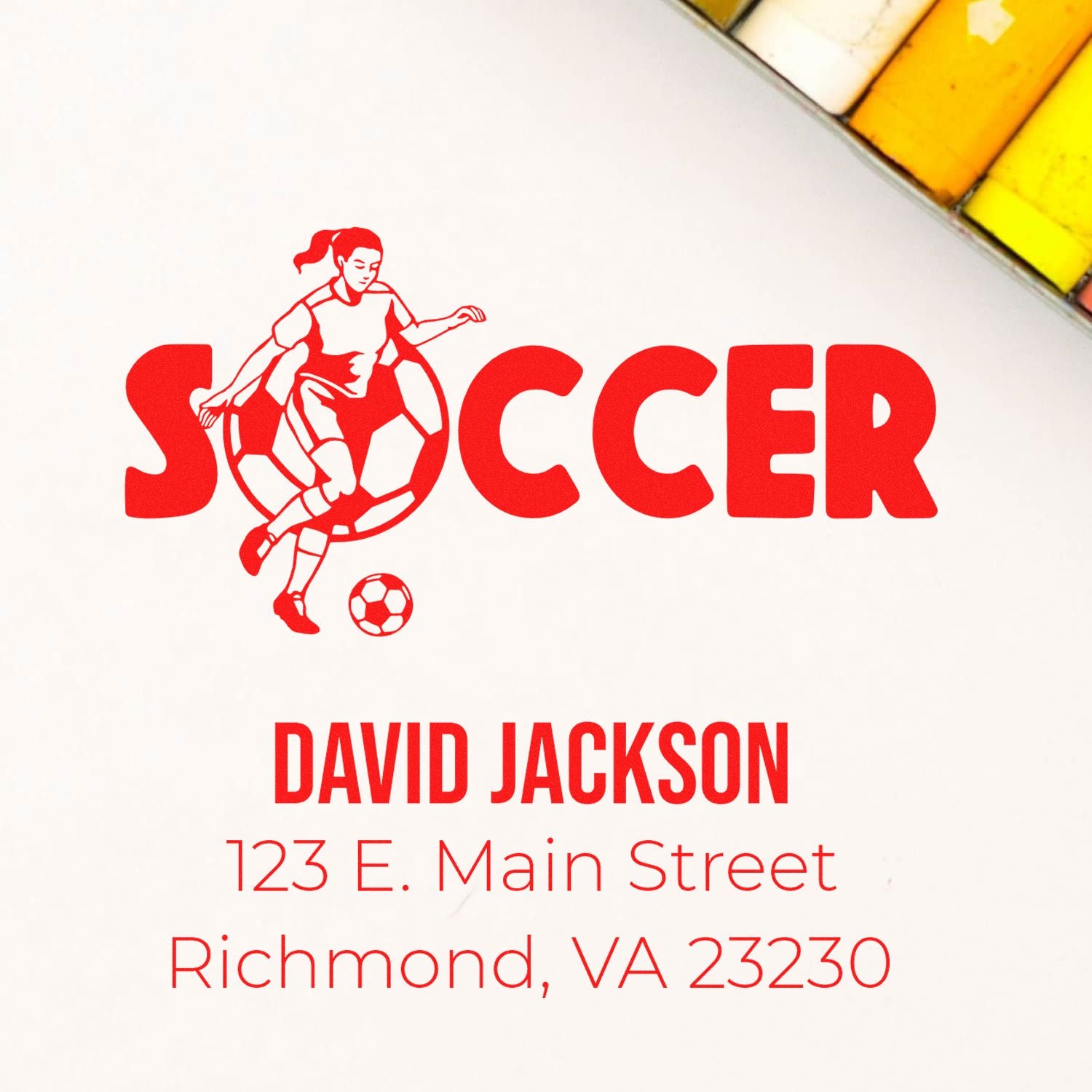 Personalized soccer rubber stamp with player graphic, David Jackson name, and Richmond VA return address.
