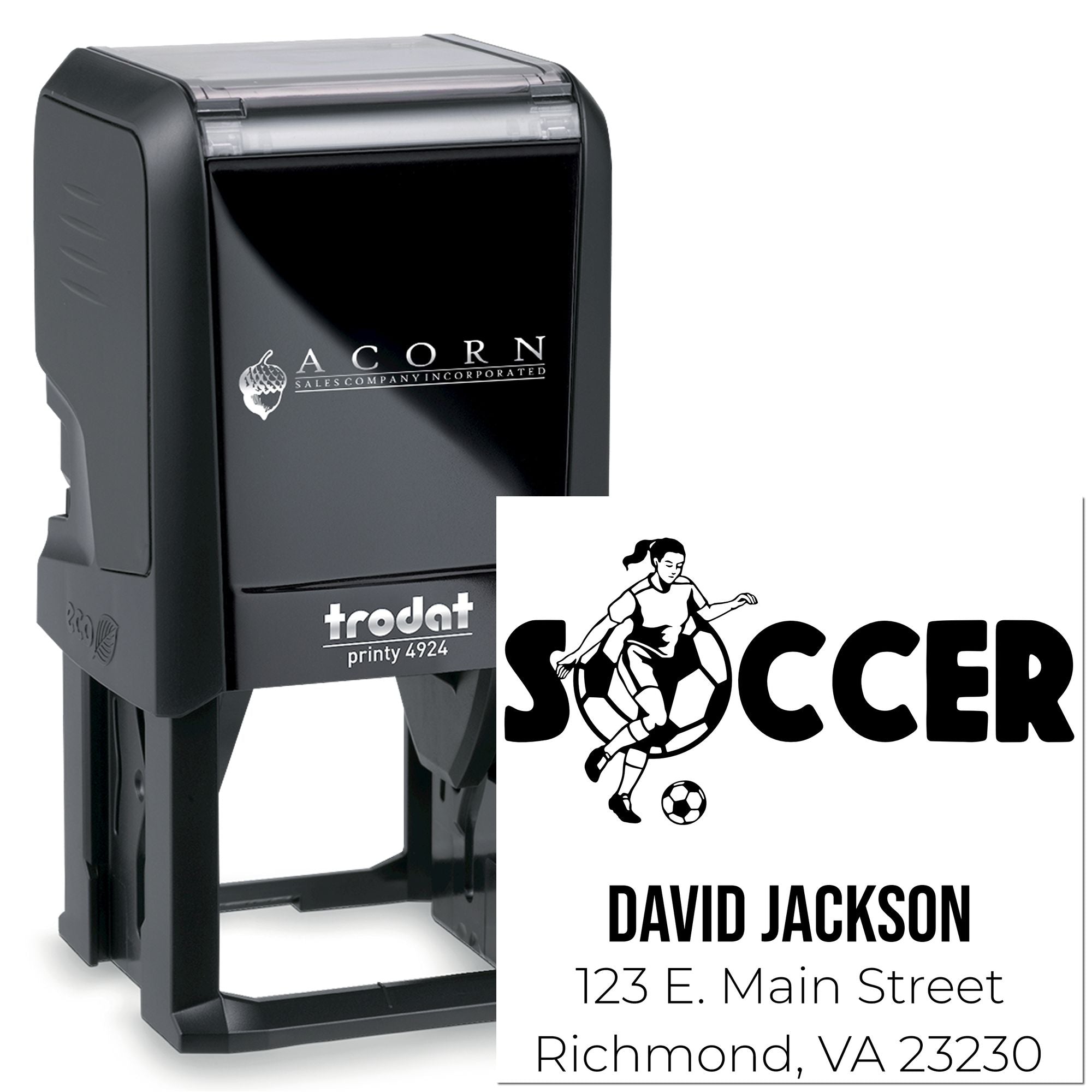 Custom self-inking rubber stamp with soccer design, name and address, shown with Trodat Printy 4924 stamp.