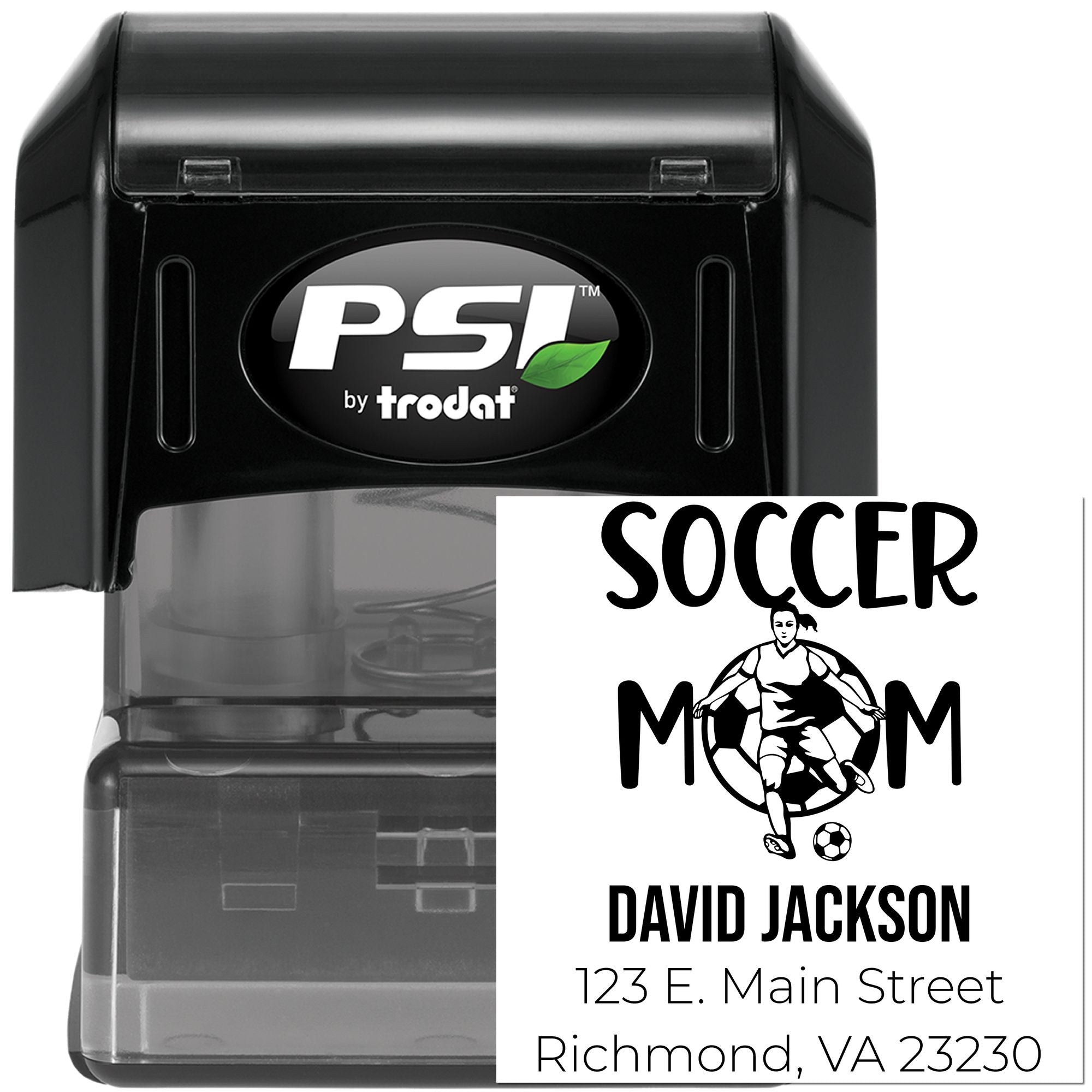 PSI by Trodat custom self-inking rubber stamp with soccer mom return address design, name, and address