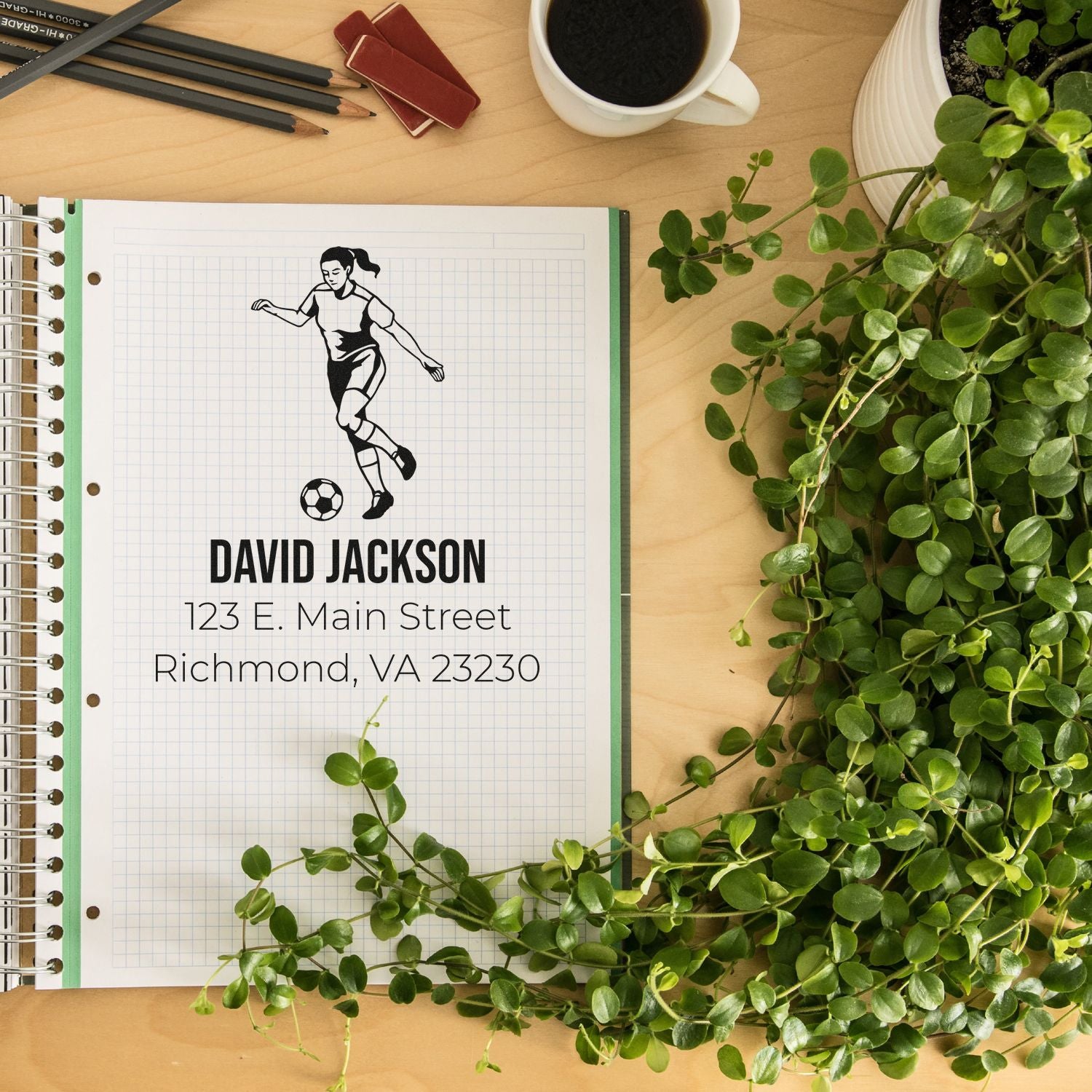 Custom soccer rubber stamp with name and address for personalized return address stationery and sports-themed branding.