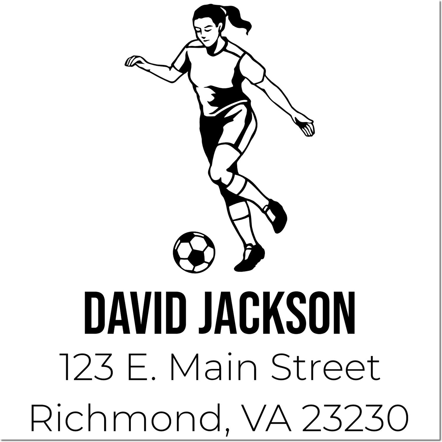 Personalized soccer return address rubber stamp with player graphic, David Jackson name, and Richmond, VA address