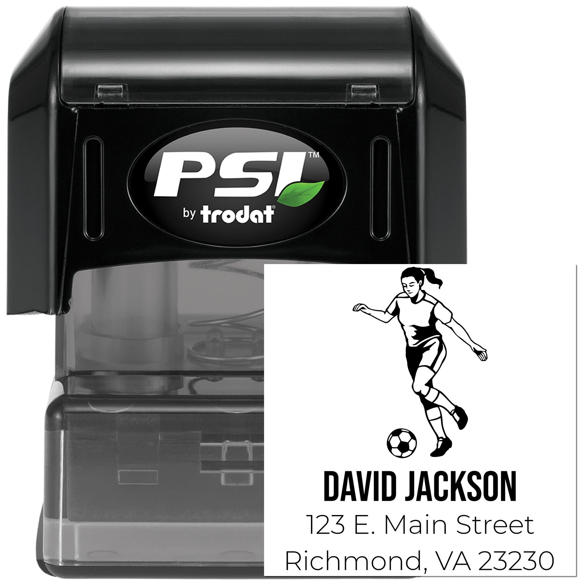 Personalized self-inking return address rubber stamp with soccer player design by PSI by Trodat.