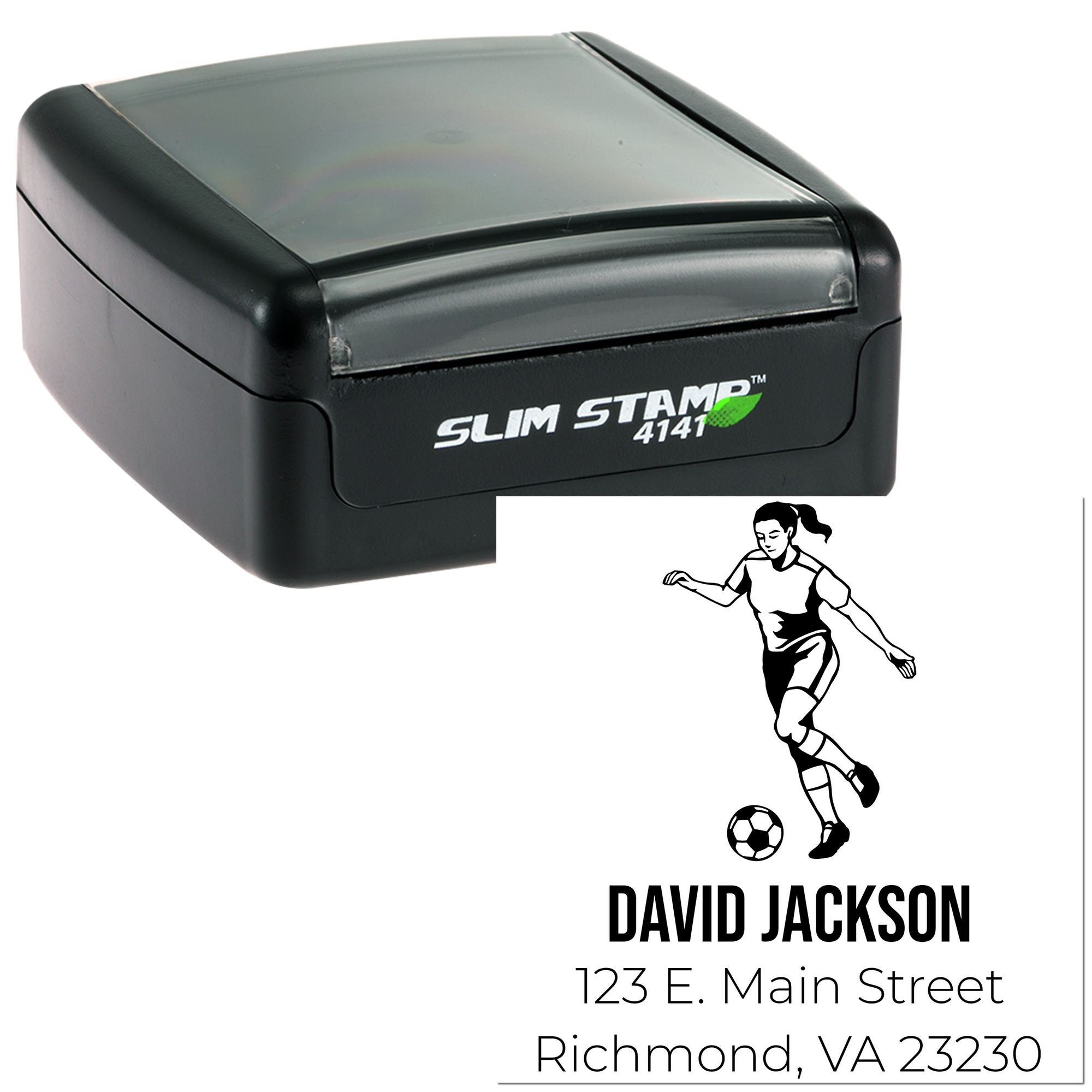 Slim Stamp 4141 custom rubber stamp for sports branding, featuring soccer player logo, David Jackson name, and mailing address.