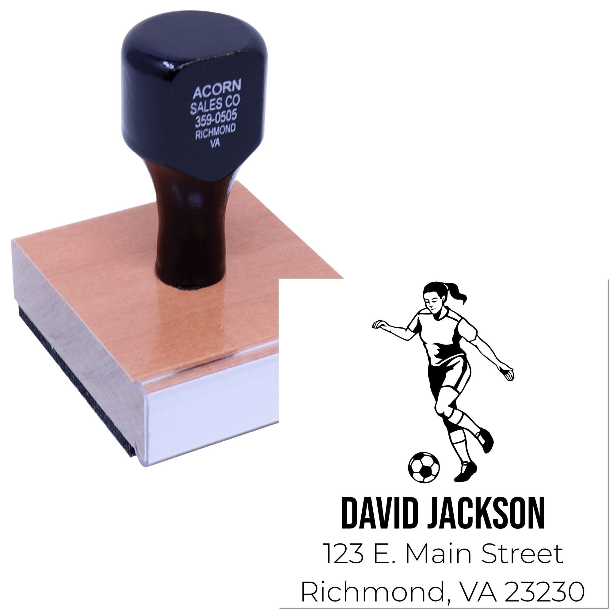 Custom soccer address rubber stamp with player design, name, and Richmond, VA return address for personalized stamping