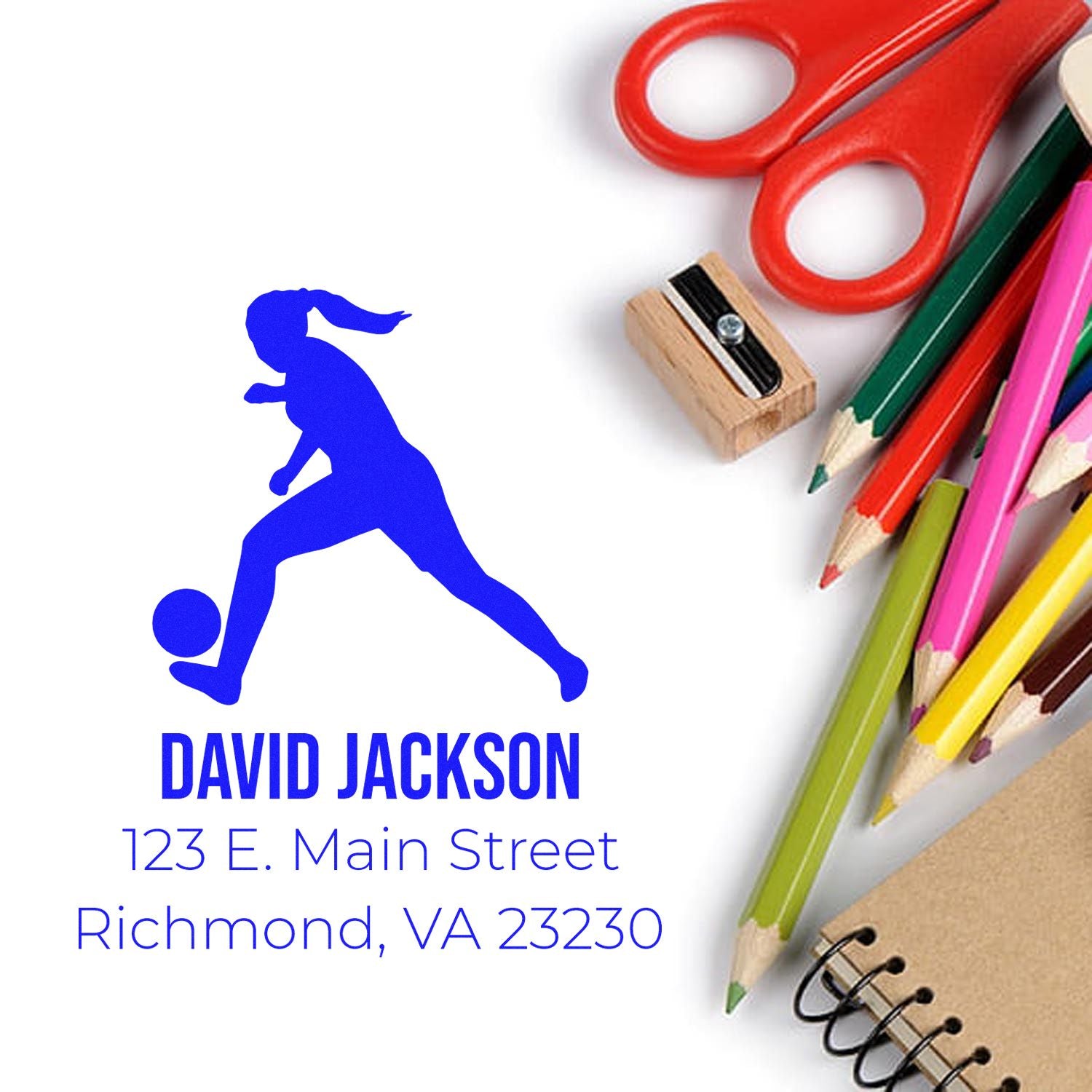 Personalized return address rubber stamp with soccer player logo for David Jackson, Richmond, VA