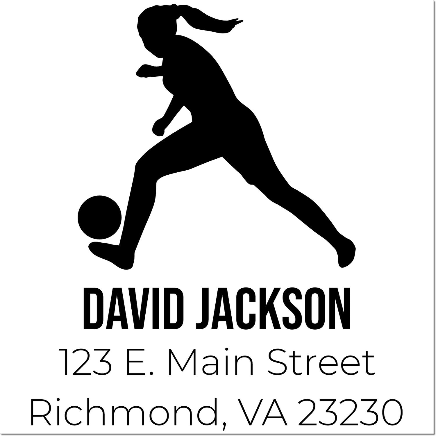 Custom soccer player return address rubber stamp with David Jackson, 123 E. Main Street, Richmond, VA 23230.