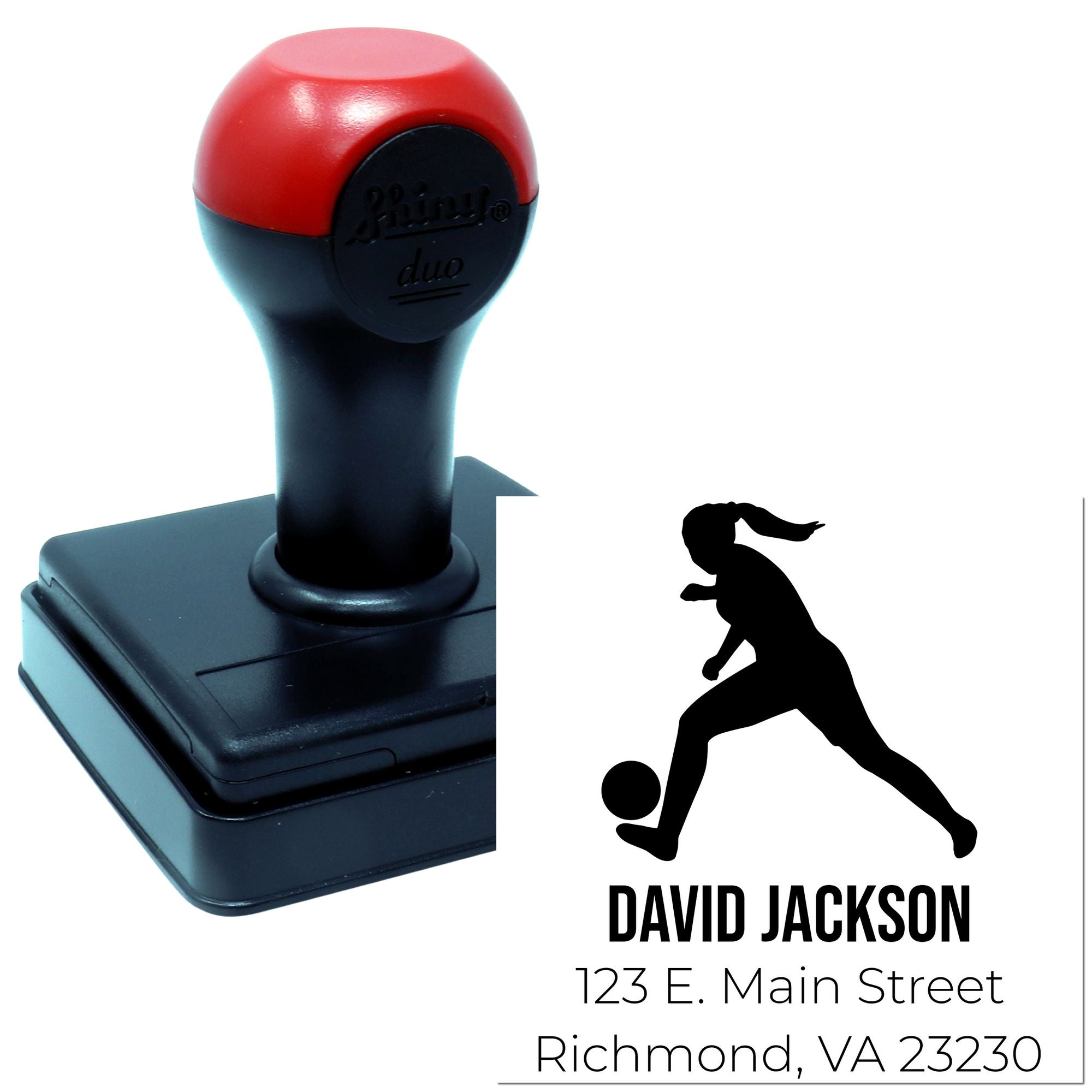Custom self-inking rubber stamp for return address labels with soccer player logo, David Jackson, 123 E. Main Street, Richmond VA 23230