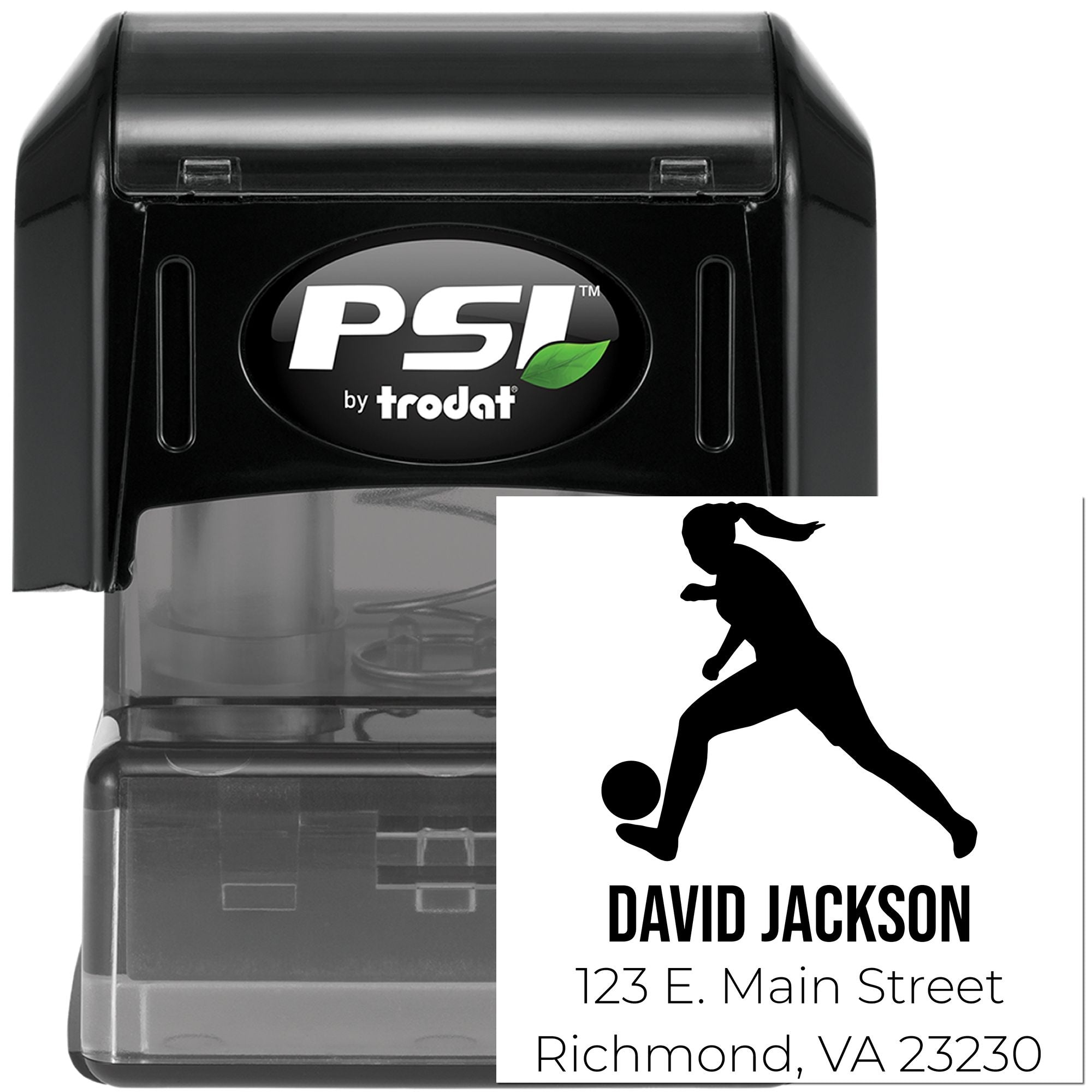 PSI by Trodat self-inking custom rubber stamp with soccer player logo, name, and address for personalized mailing.