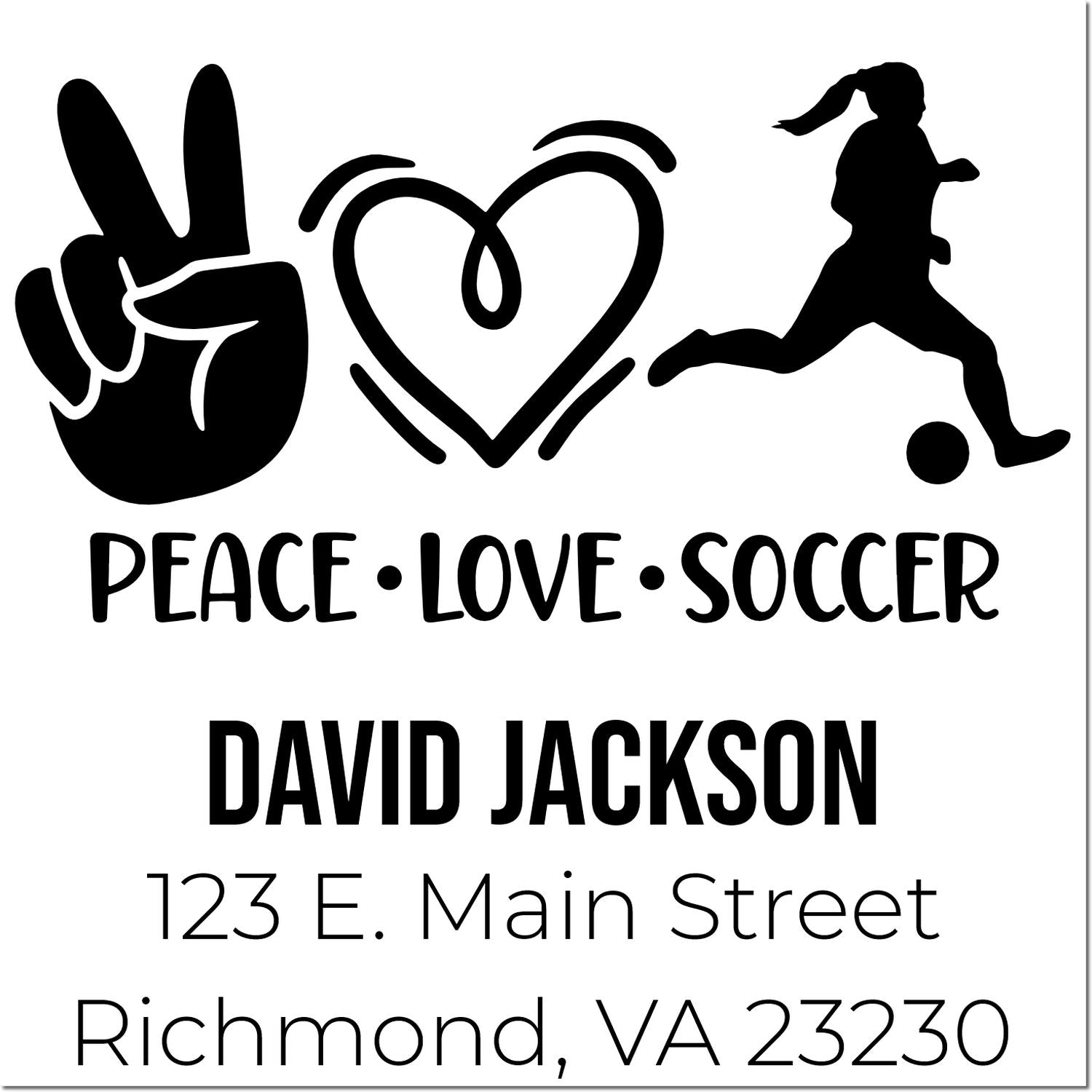 Personalized soccer rubber stamp with peace love graphic, David Jackson name, and Richmond, VA address.