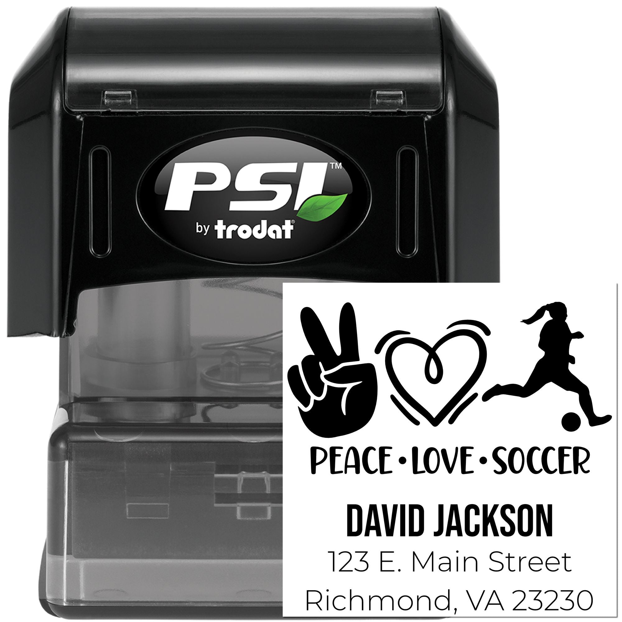 Custom self-inking rubber stamp for personalized return address, featuring Peace Love Soccer design and David Jackson name.