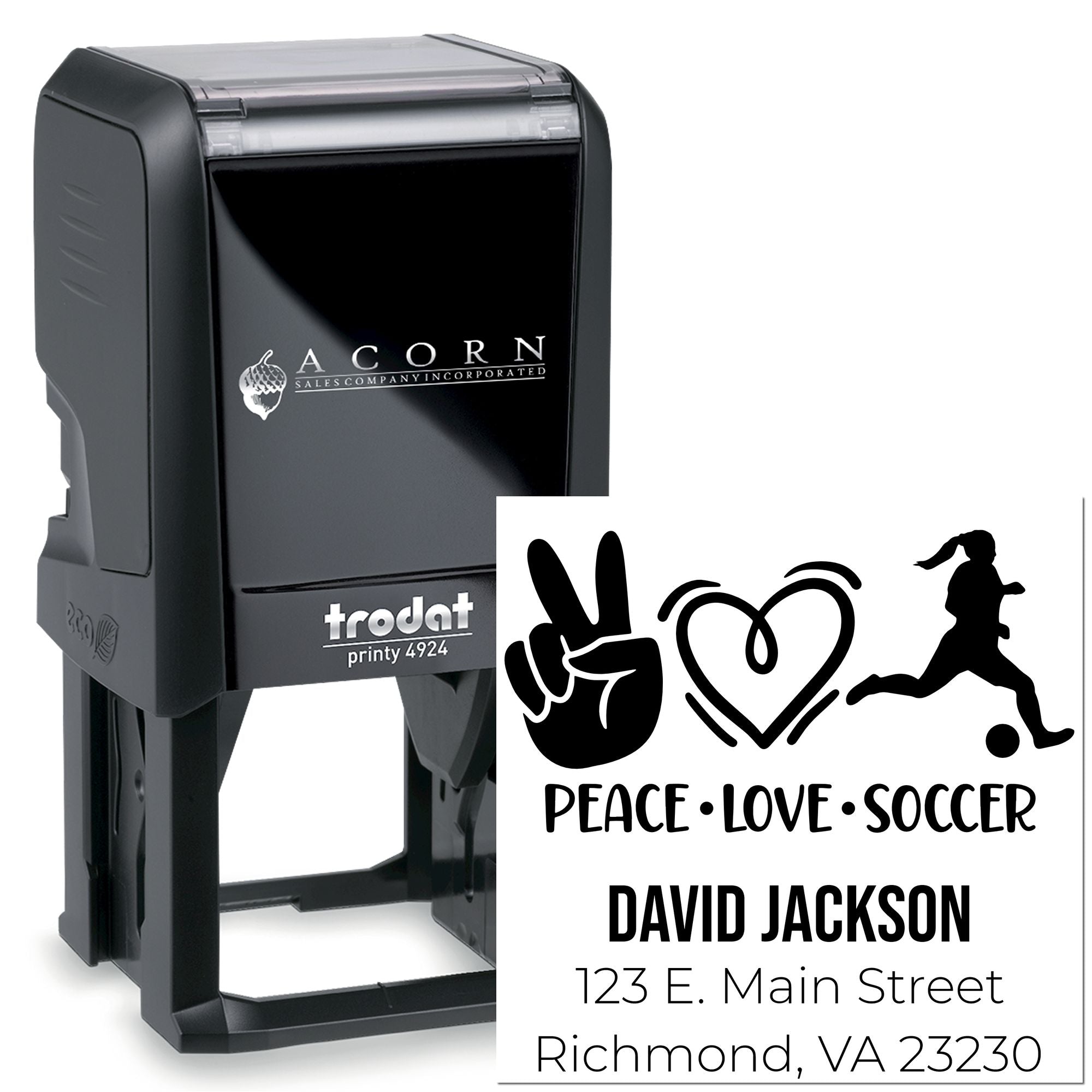 Custom Trodat Printy 4924 self-inking rubber stamp with Peace Love Soccer name and address imprint