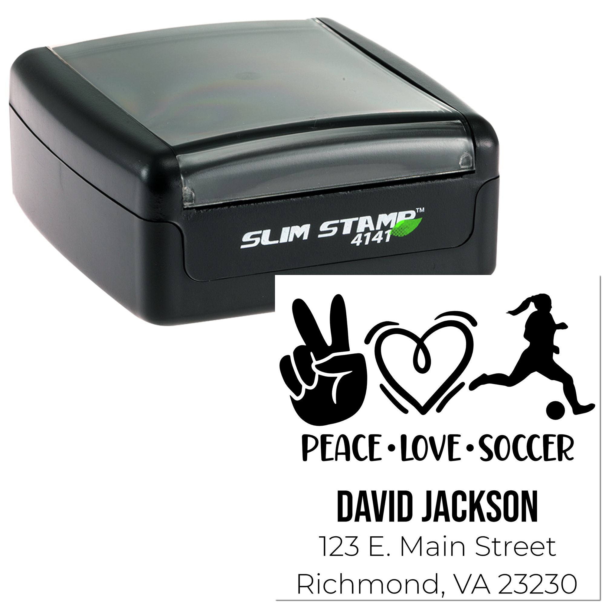 Custom self-inking rubber stamp with Peace Love Soccer design, David Jackson name, and Richmond, VA address.