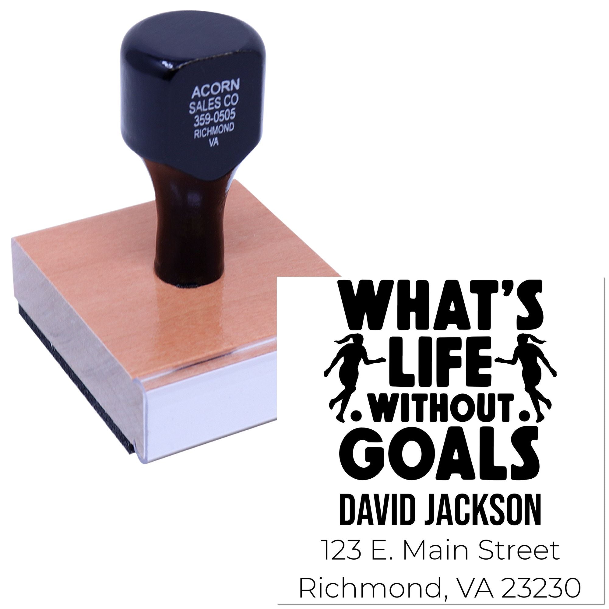 Custom rubber address stamp with Whats Life Without Goals design and David Jackson return address for personalized mail.