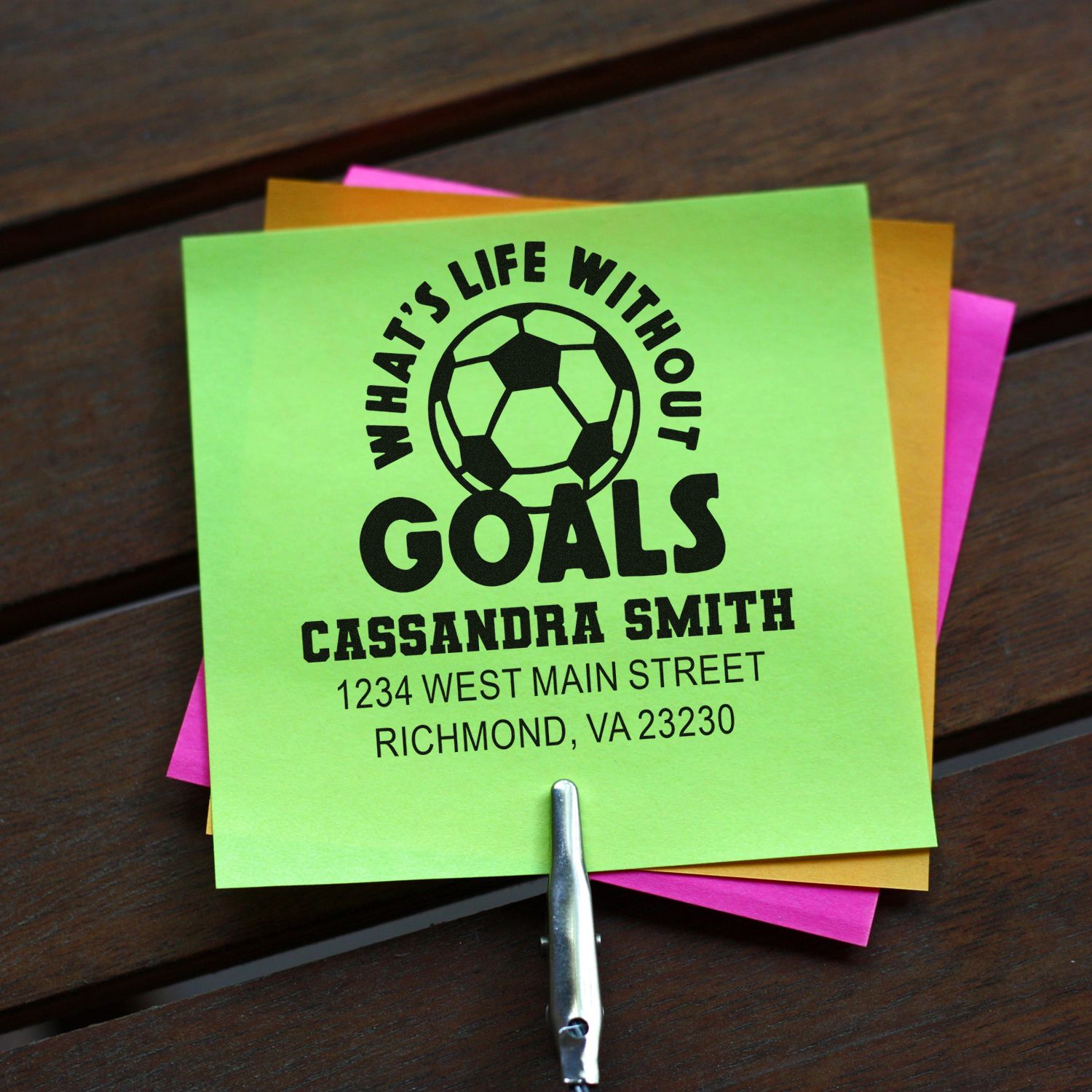 Personalized soccer rubber stamp with Whats Life Without Goals, name, and address for custom business or event branding.