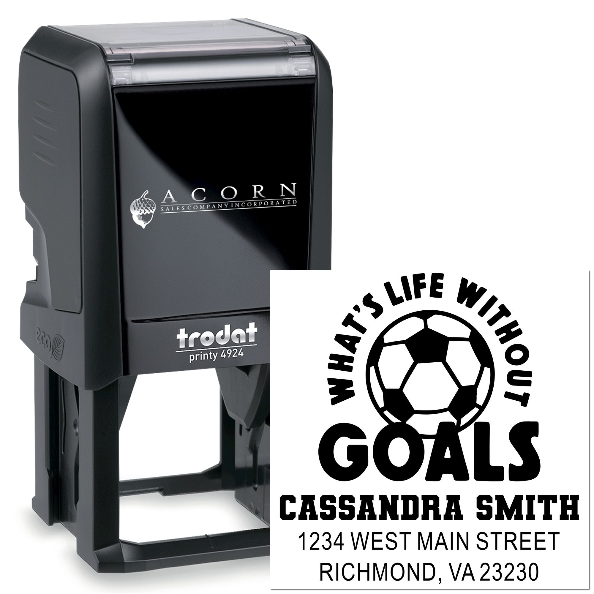 Custom self-inking rubber stamp with soccer goals design, personalized name and address, Trodat Printy 4924.