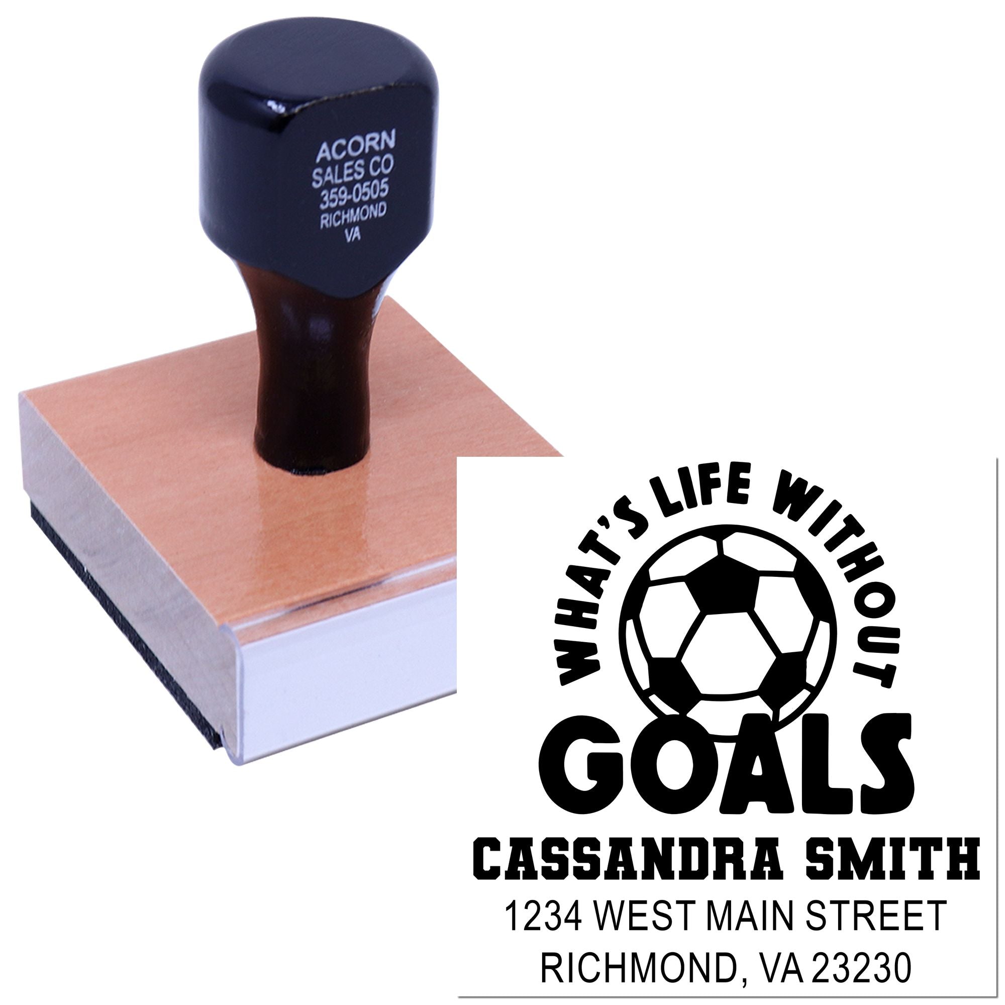 Custom rubber stamp featuring a soccer goals design, name, and address for personalized business or team branding.