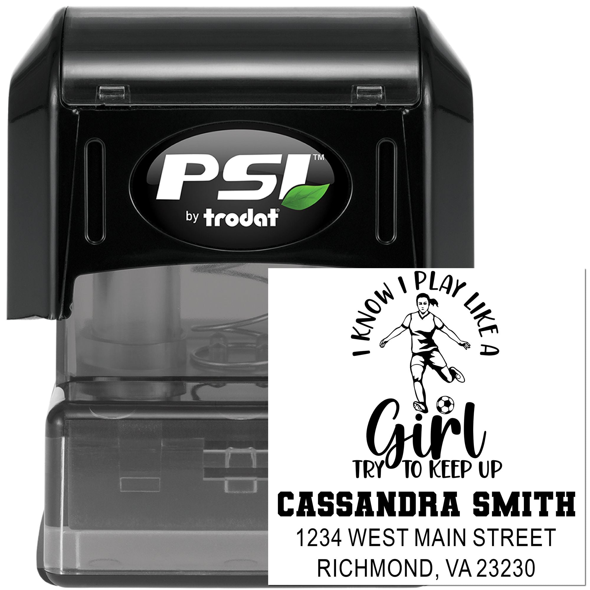 PSI by Trodat custom self-inking rubber stamp with personalized soccer girl design, name, and address for mailing and gifting.