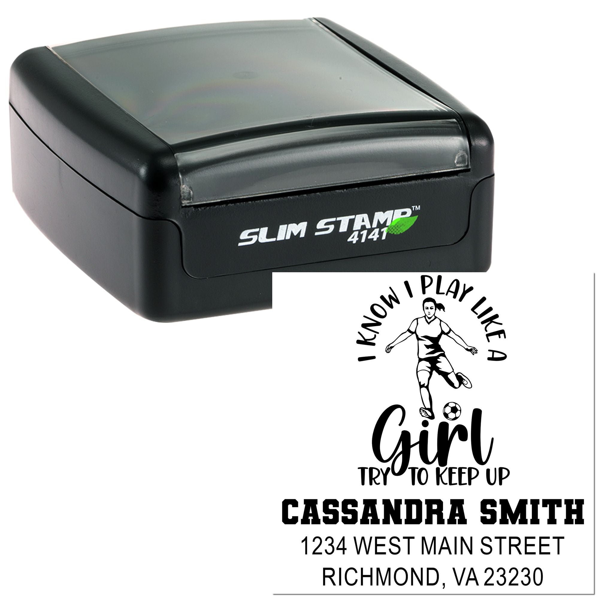 Slim Stamp 4141 self-inking rubber stamp with custom girls soccer return address design and personalized name.