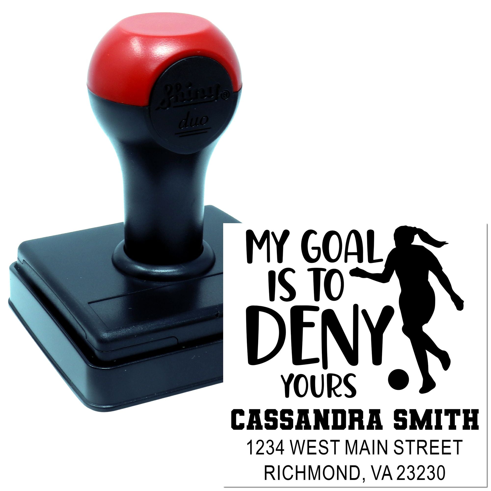 Custom self-inking rubber stamp with soccer goalie design, My goal is to deny yours, name, and address.