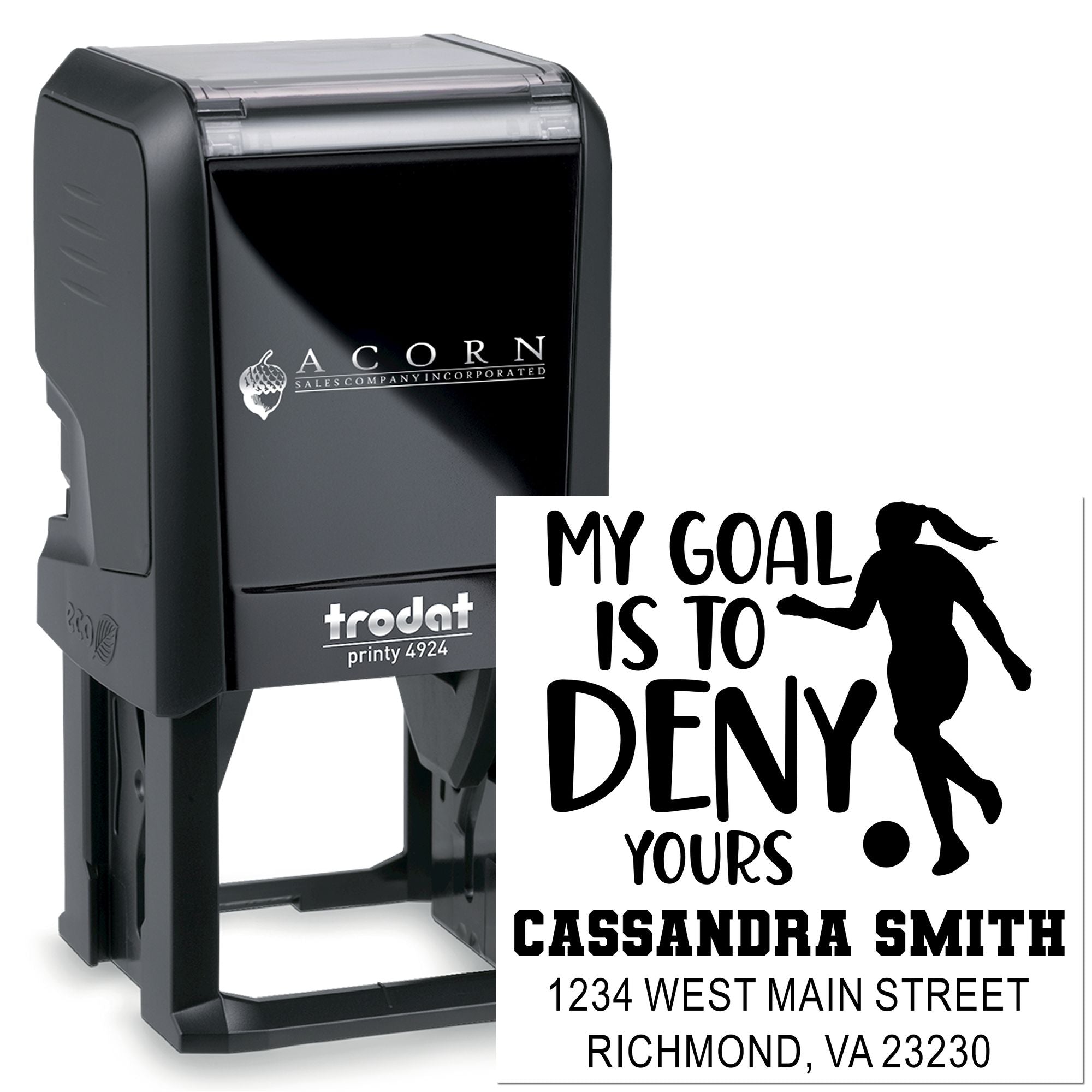 Custom self-inking rubber stamp with soccer-themed personalized imprint and address, Trodat Printy 4924.