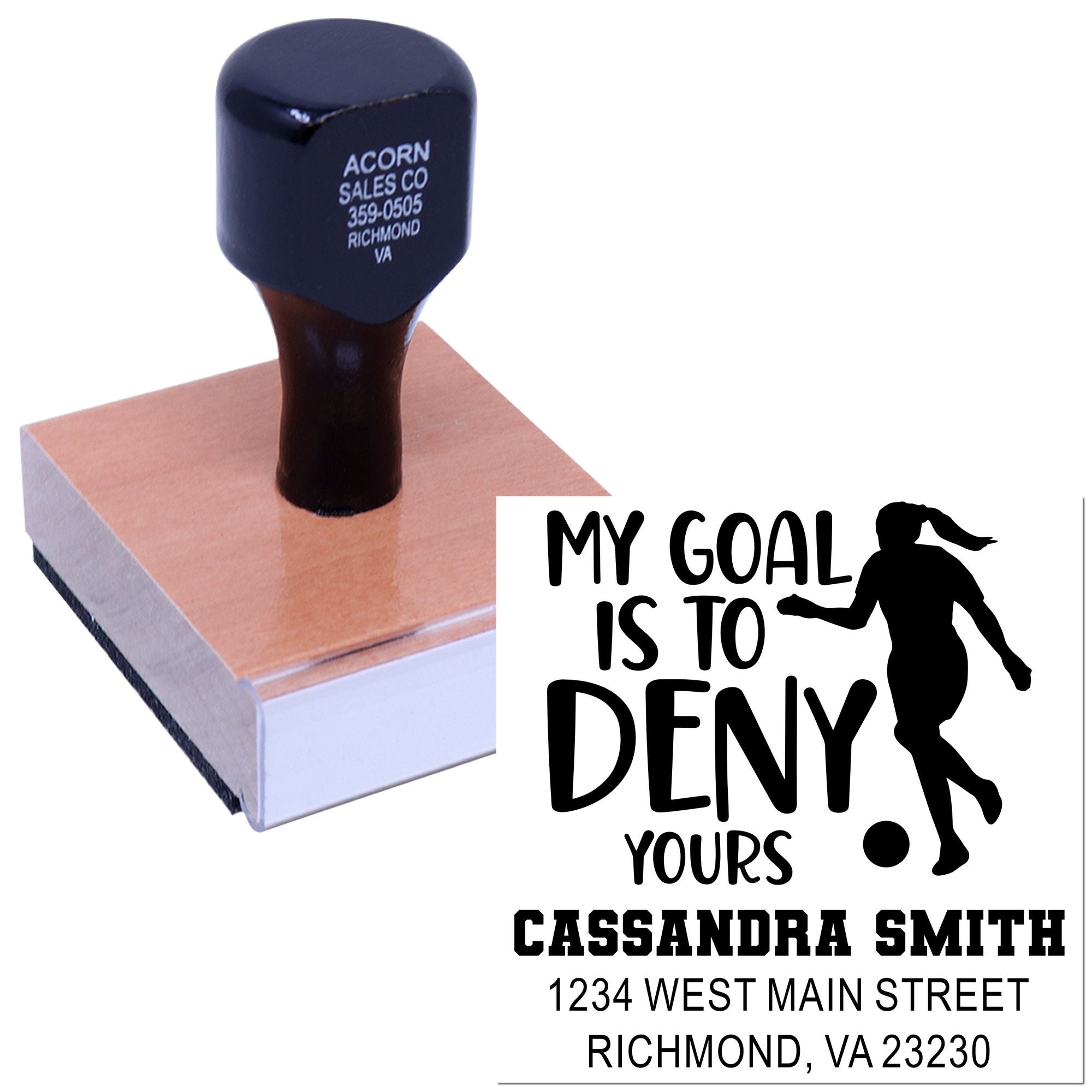 Custom rubber stamp examples with business return-address stamp and personalized soccer goalkeeper design.
