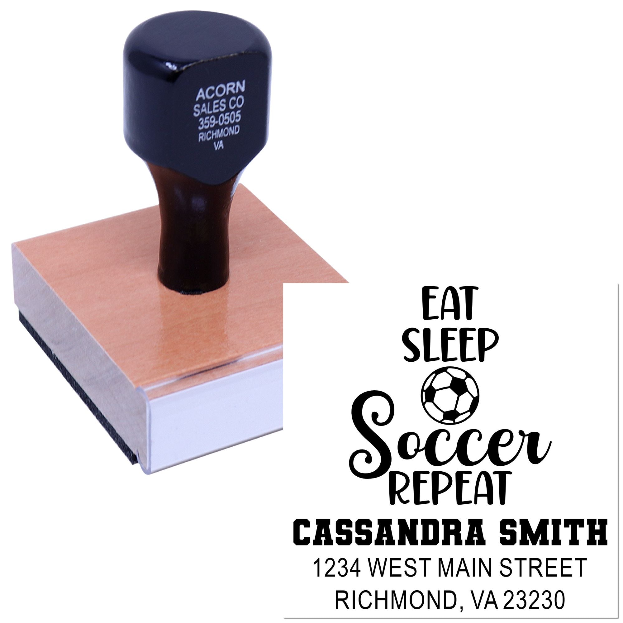 Custom soccer rubber stamp with Eat Sleep Soccer Repeat design, personalized name, and address.