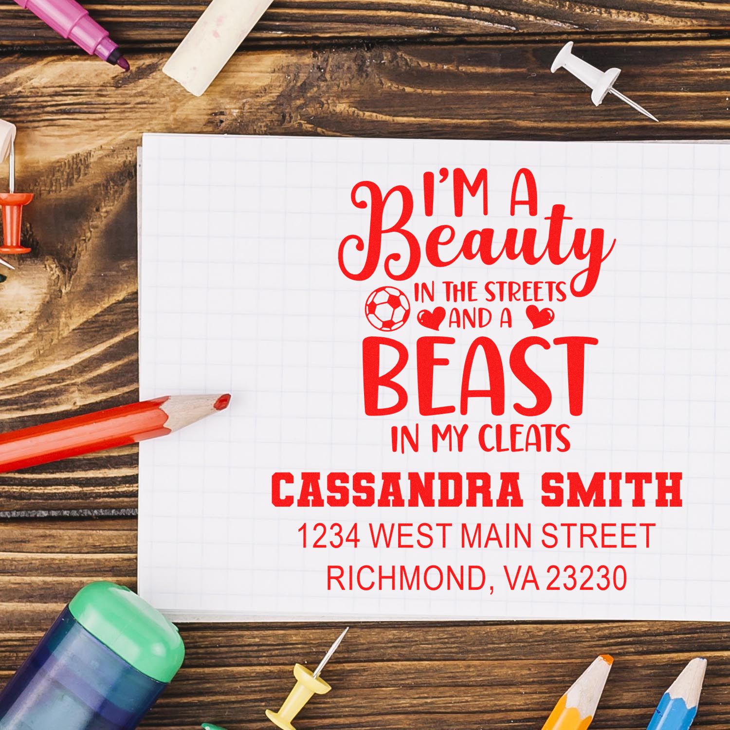 Custom rubber stamp with soccer quote and return address for personalized stationery, labels, and team gifts.