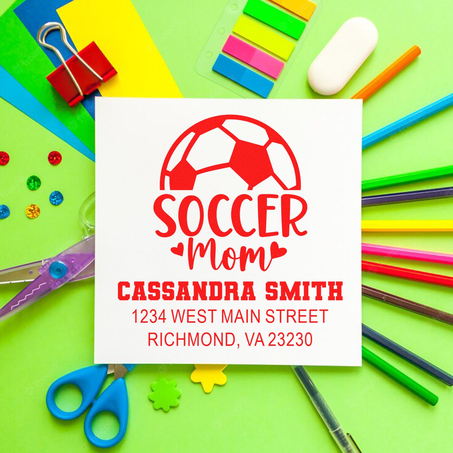 Custom soccer mom return address rubber stamp with name and address for team mailings, invitations, and envelopes
