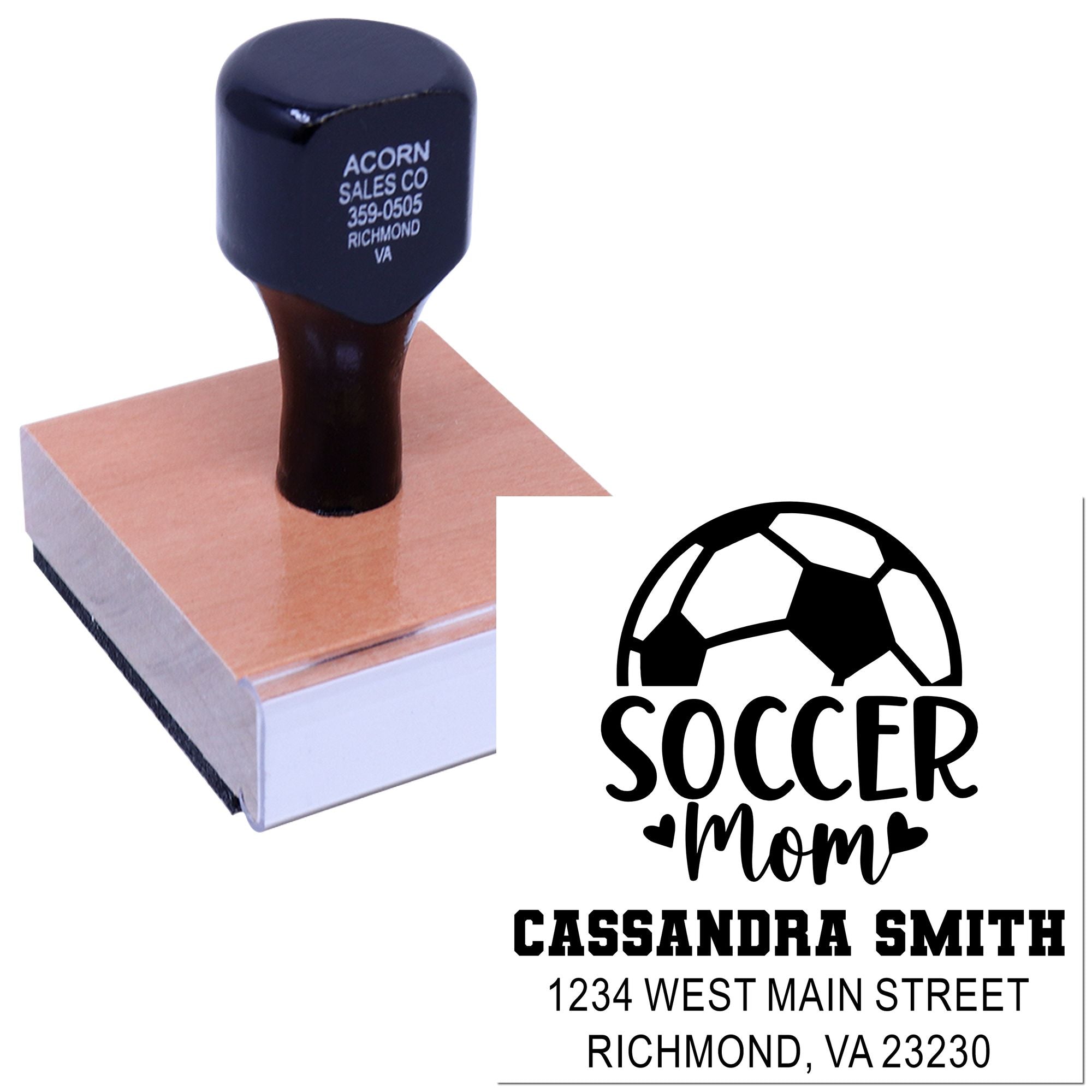Custom self-inking rubber stamp with soccer mom logo, name, and address for personalized use.