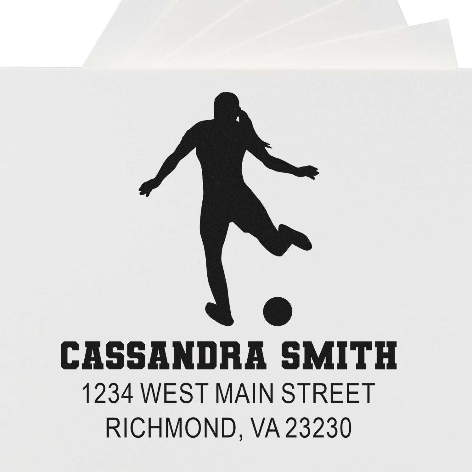 Custom soccer return address rubber stamp with player silhouette for Cassandra Smith, 1234 West Main Street, Richmond, VA 23230.