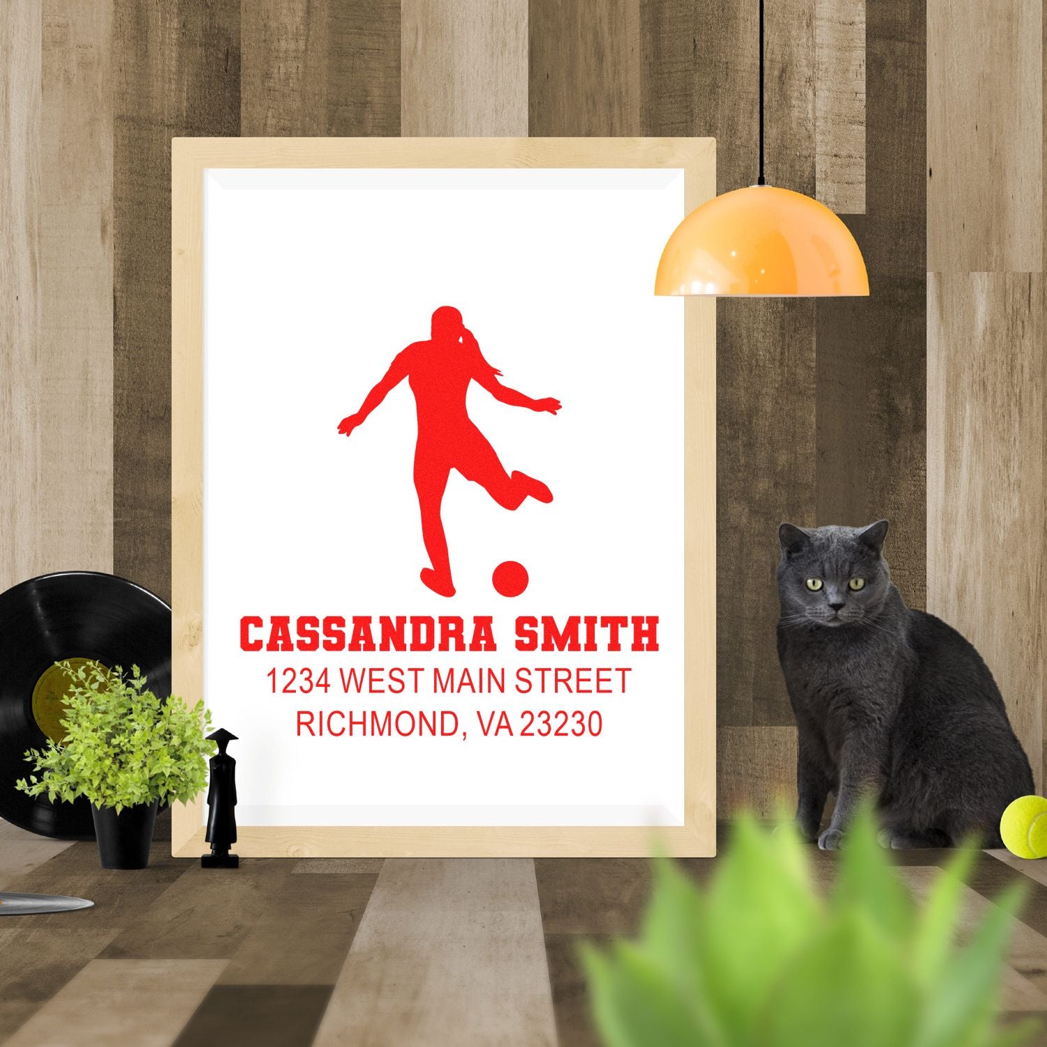 Personalized soccer rubber stamp with name and address, ideal for sports-themed return address labeling.