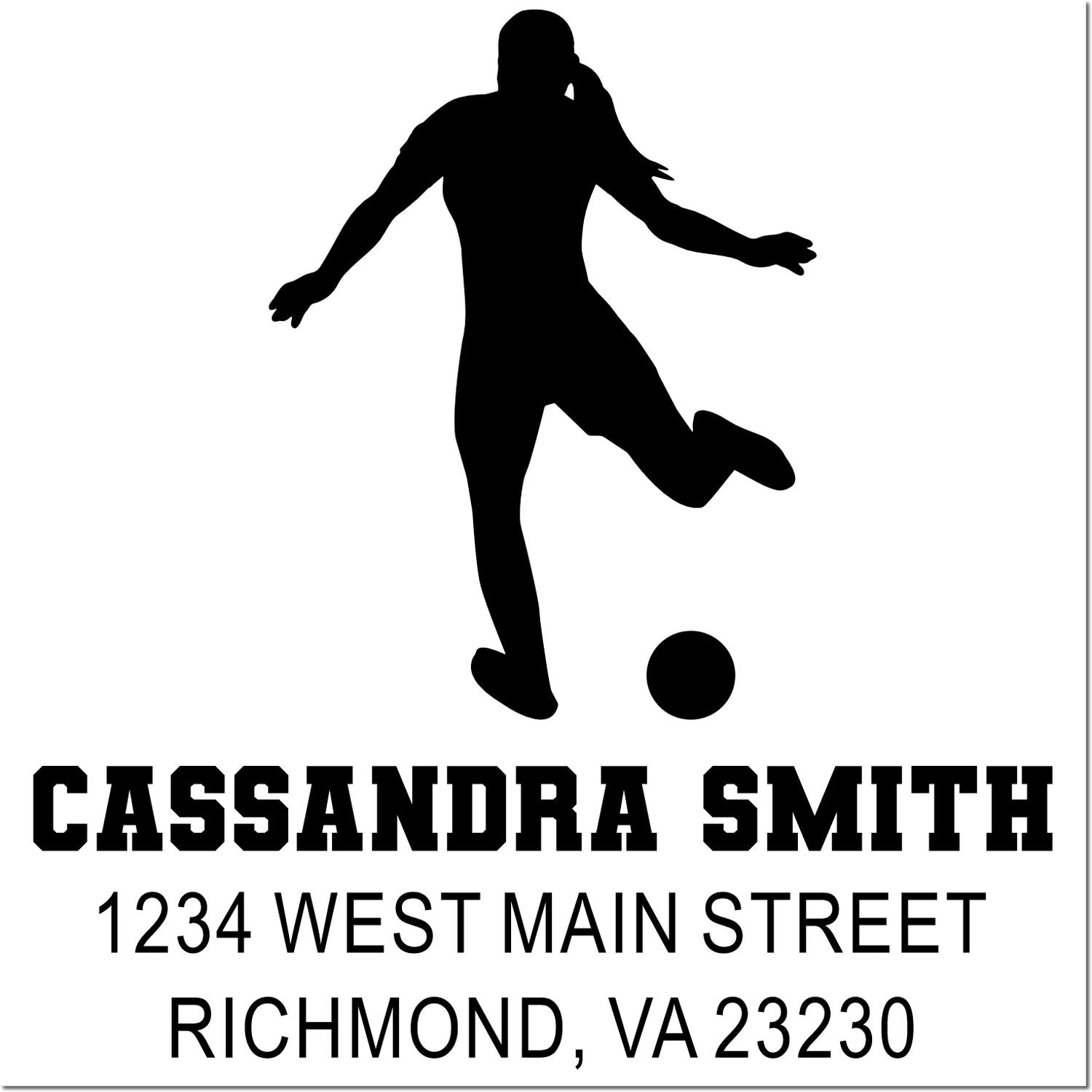 Custom soccer return address rubber stamp for Cassandra Smith, 1234 West Main Street, Richmond, VA 23230