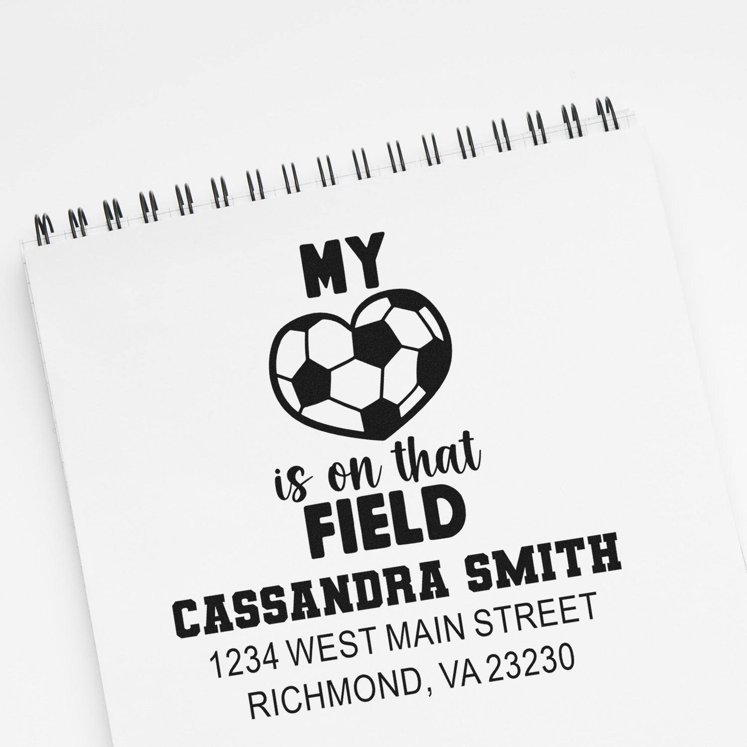 Custom soccer rubber stamp with personalized name, address, and my heart is on that field design.