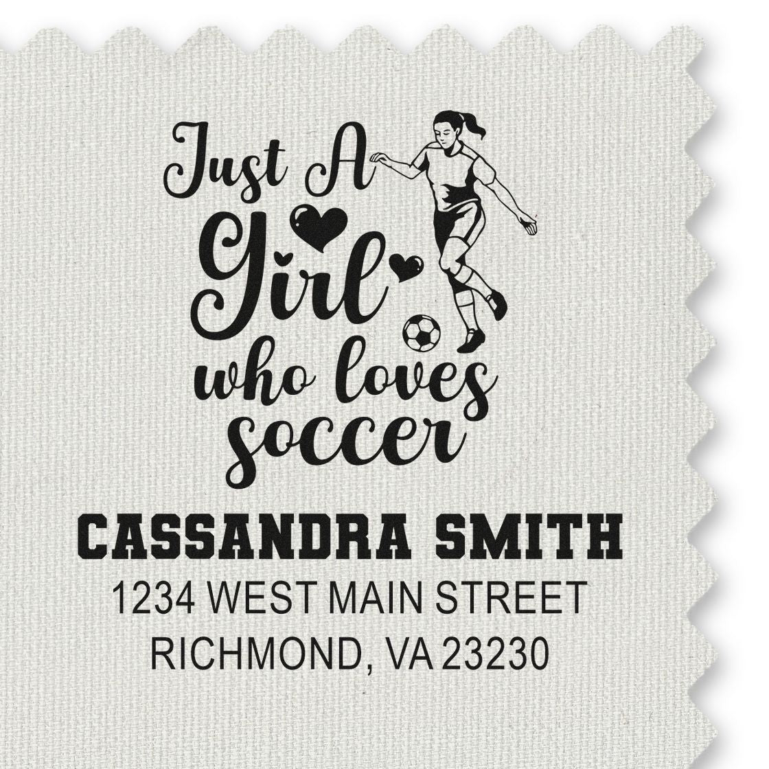 Custom soccer girl rubber stamp with Cassandra Smith return address, Richmond, VA.
