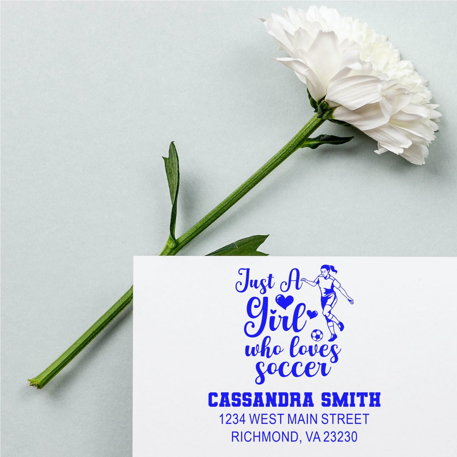Custom rubber stamp for a soccer-loving girl with name, address, and Just a Girl Who Loves Soccer design.