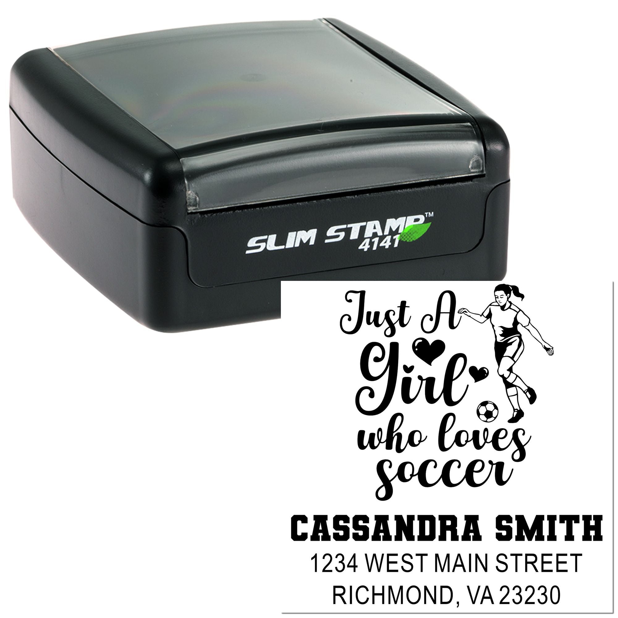 Custom self-inking rubber stamp with soccer design, name, and address for personalized address labeling.