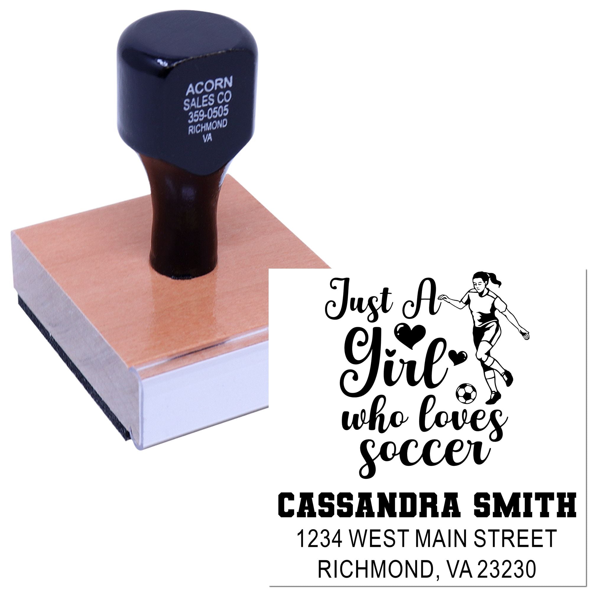 Personalized soccer rubber stamp with custom name and address and Just a Girl Who Loves Soccer design.
