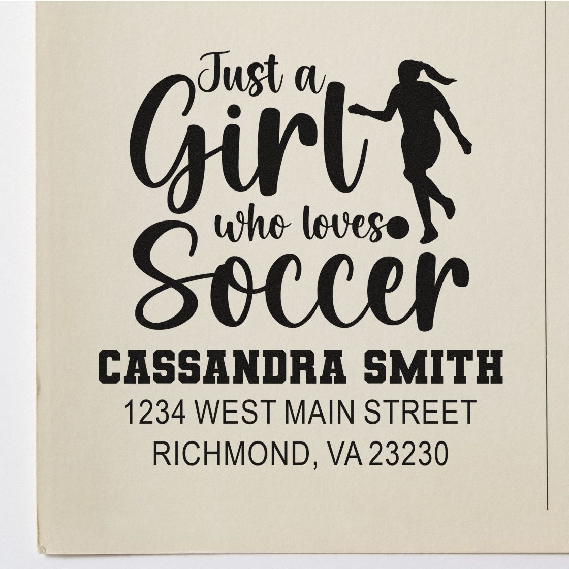 Personalized soccer rubber stamp with name and address, featuring a girl who loves soccer design.