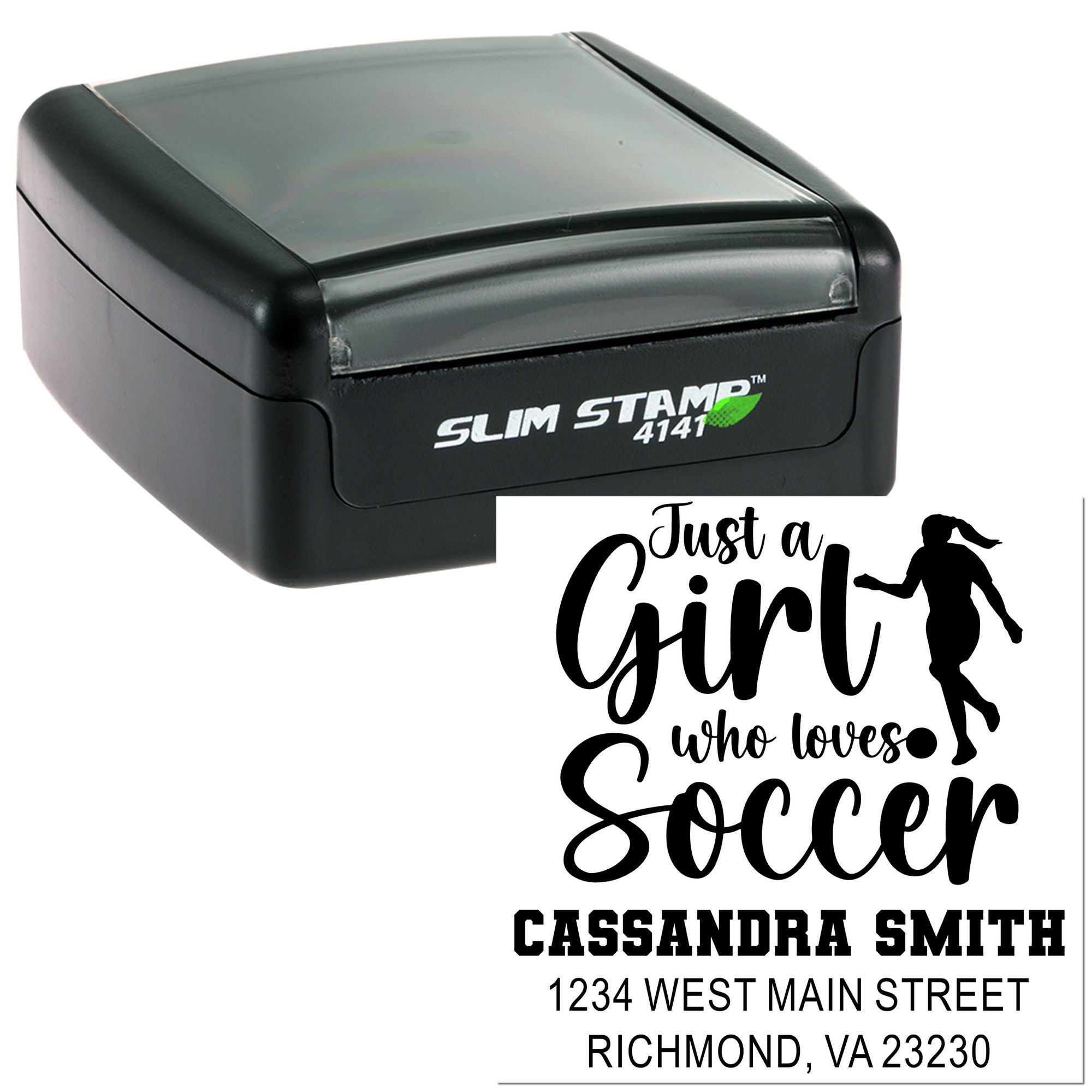 Custom self-inking rubber stamp for girls soccer fans, featuring name and address for personalized stationery.