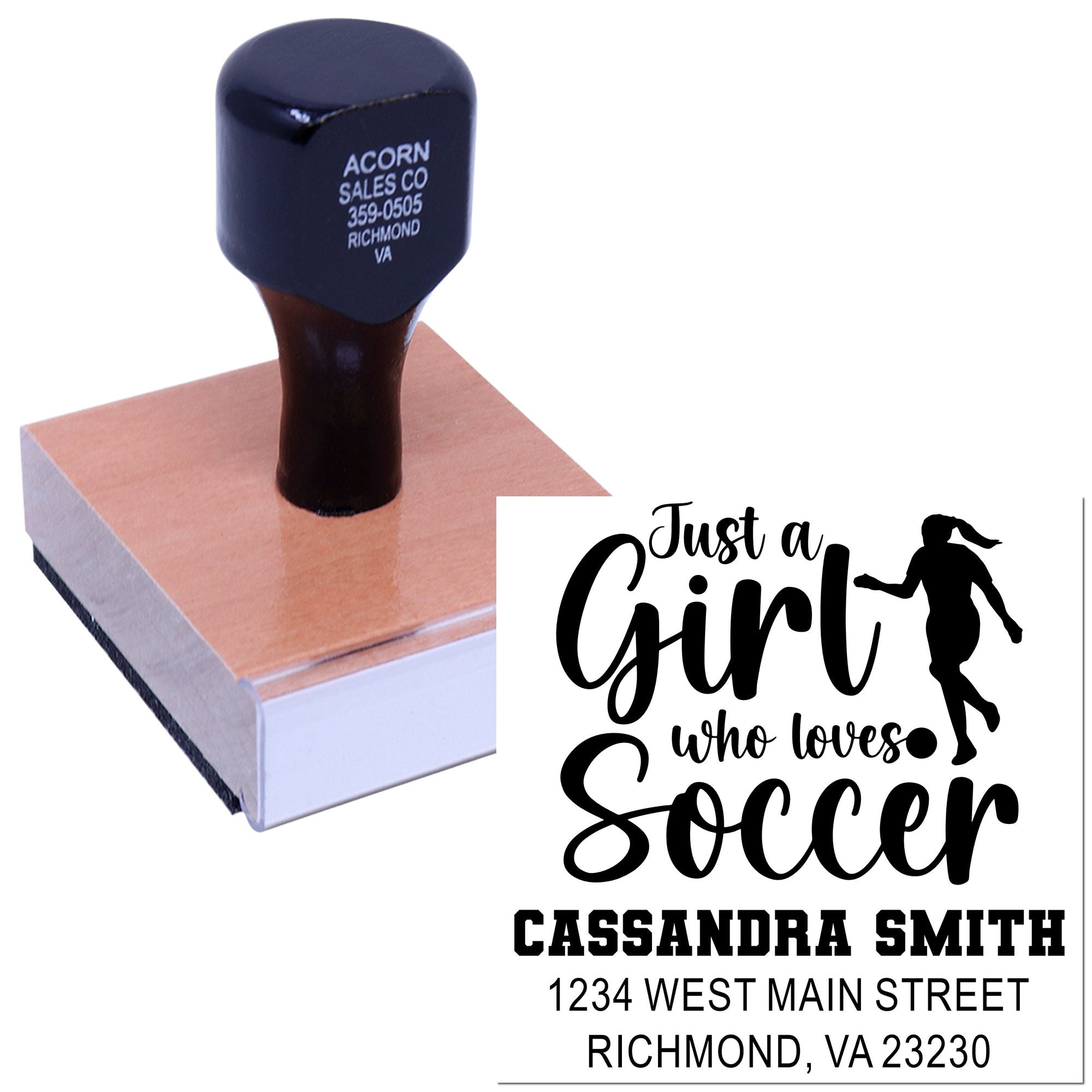 Personalized self-inking rubber stamp with Just a Girl Who Loves Soccer and custom name and address imprint.
