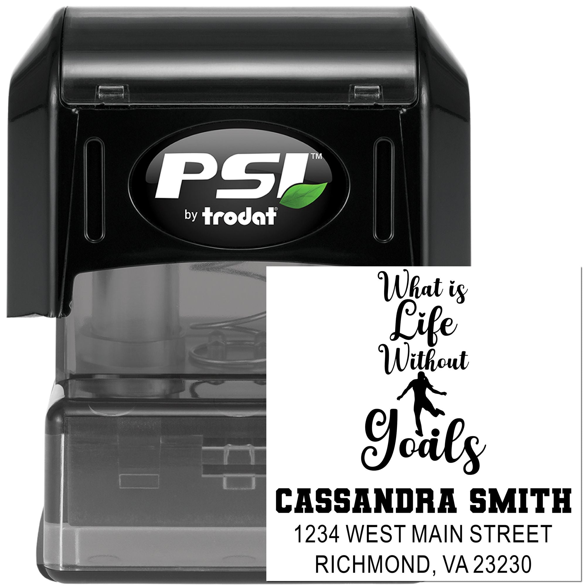 PSI by Trodat self-inking custom address rubber stamp with quote, name, and address for personalized mailing.