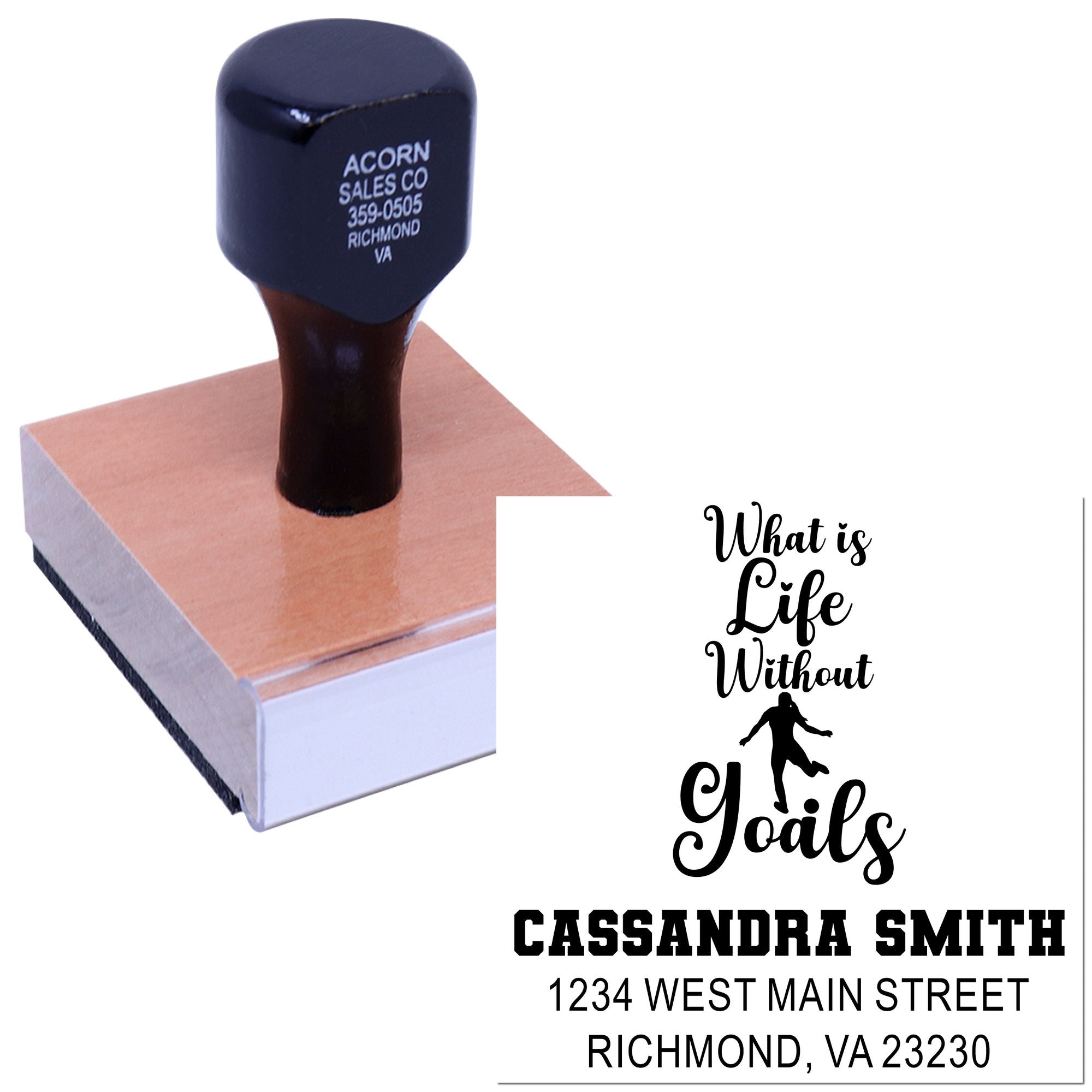 Custom rubber stamp with personalized name and address design, showing a decorative self-inking stamp impression.