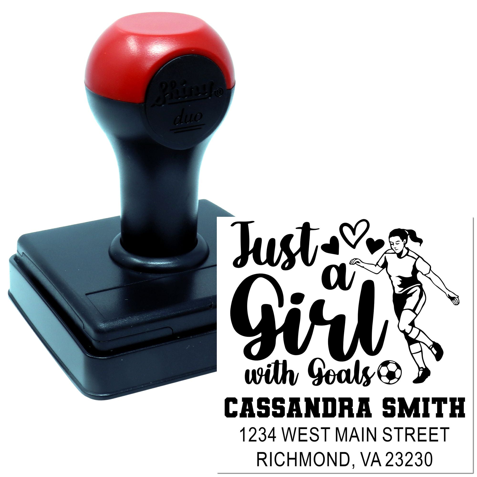 Custom self-inking rubber stamp with soccer girl design, personalized name, and address for sports-themed stationery.