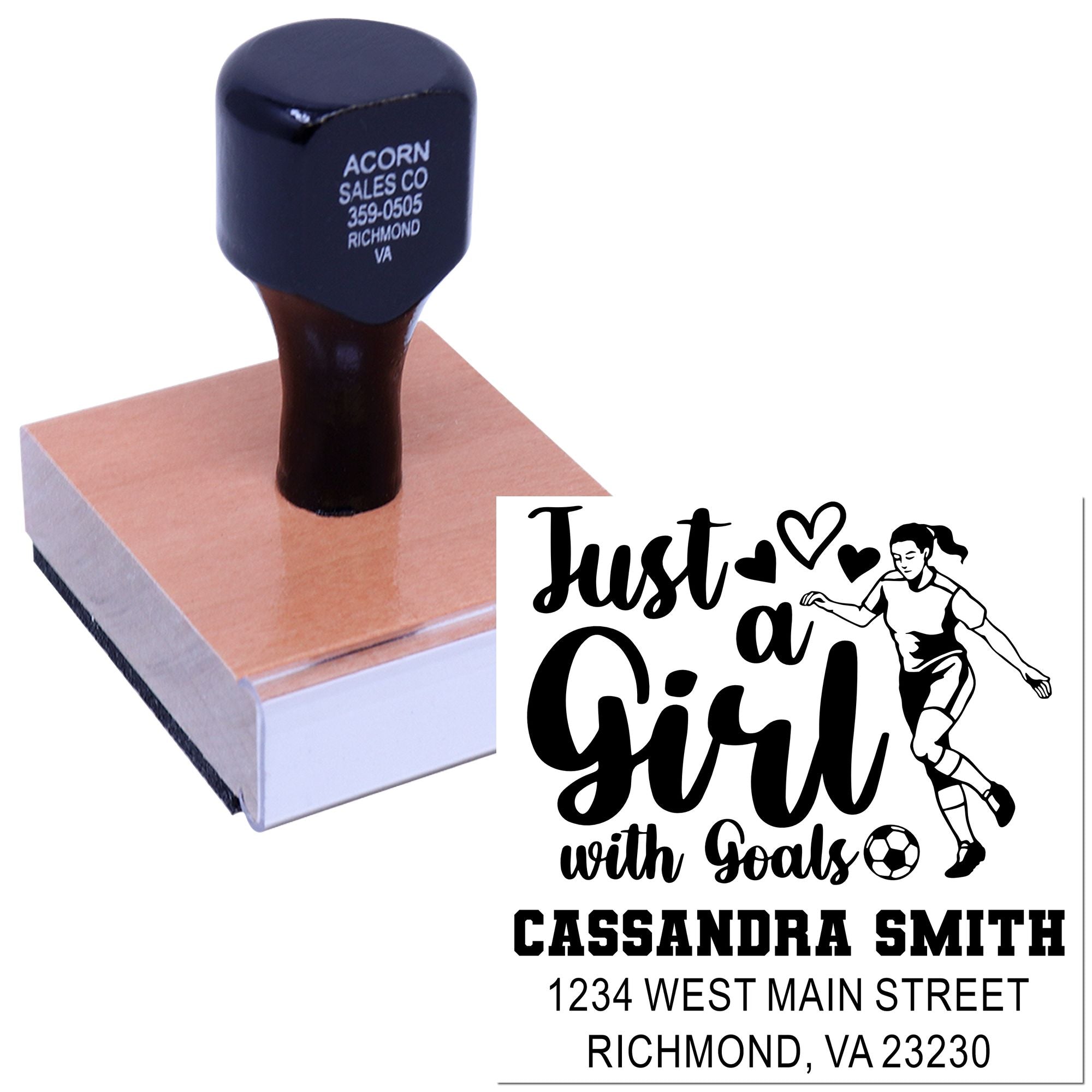 Custom rubber stamp with Just a Girl with Goals soccer design and personalized name, address, and city details.