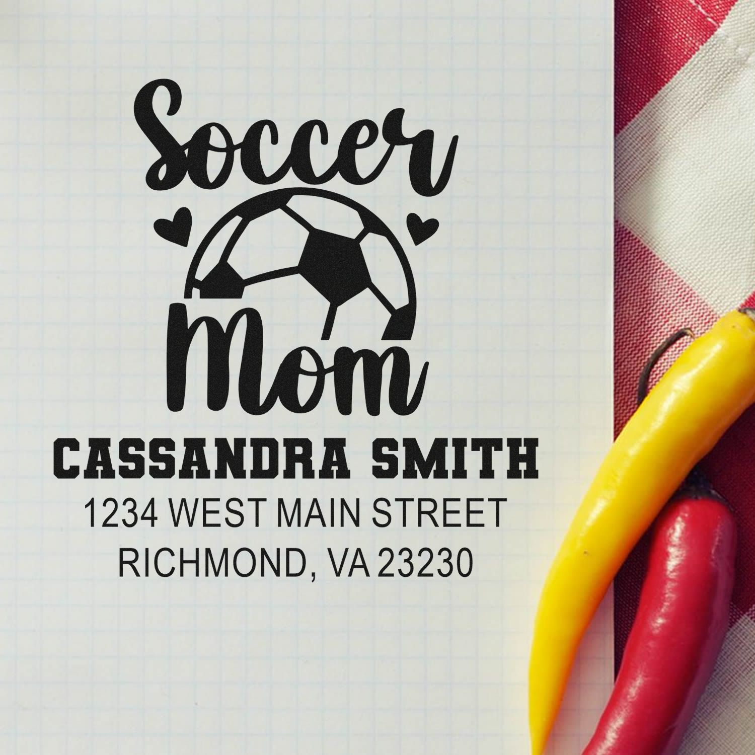Custom soccer mom rubber stamp with name and address for personalized mailing or team gifts.