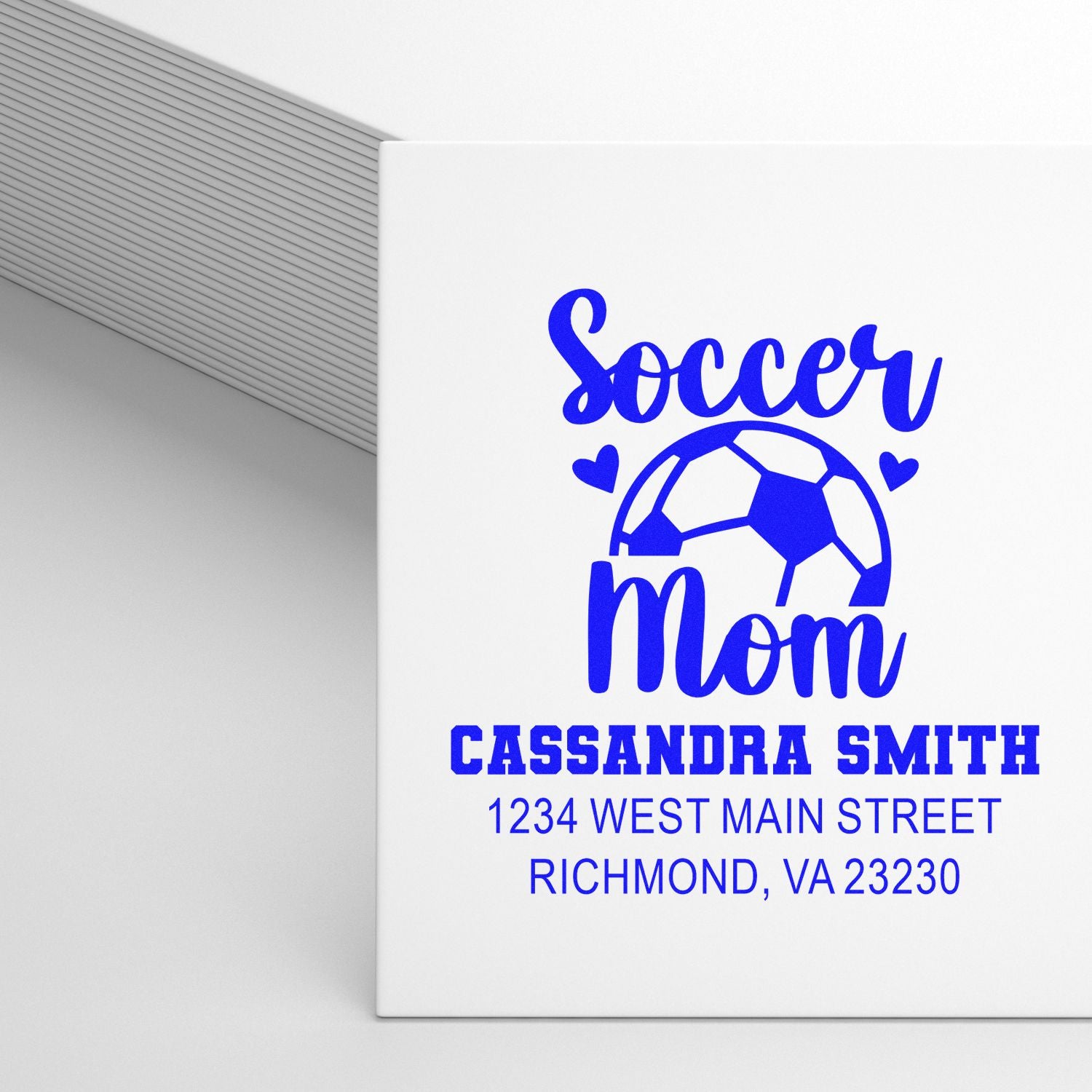 Personalized soccer mom rubber stamp with name and address for custom stationery, invitations, and mailing labels.