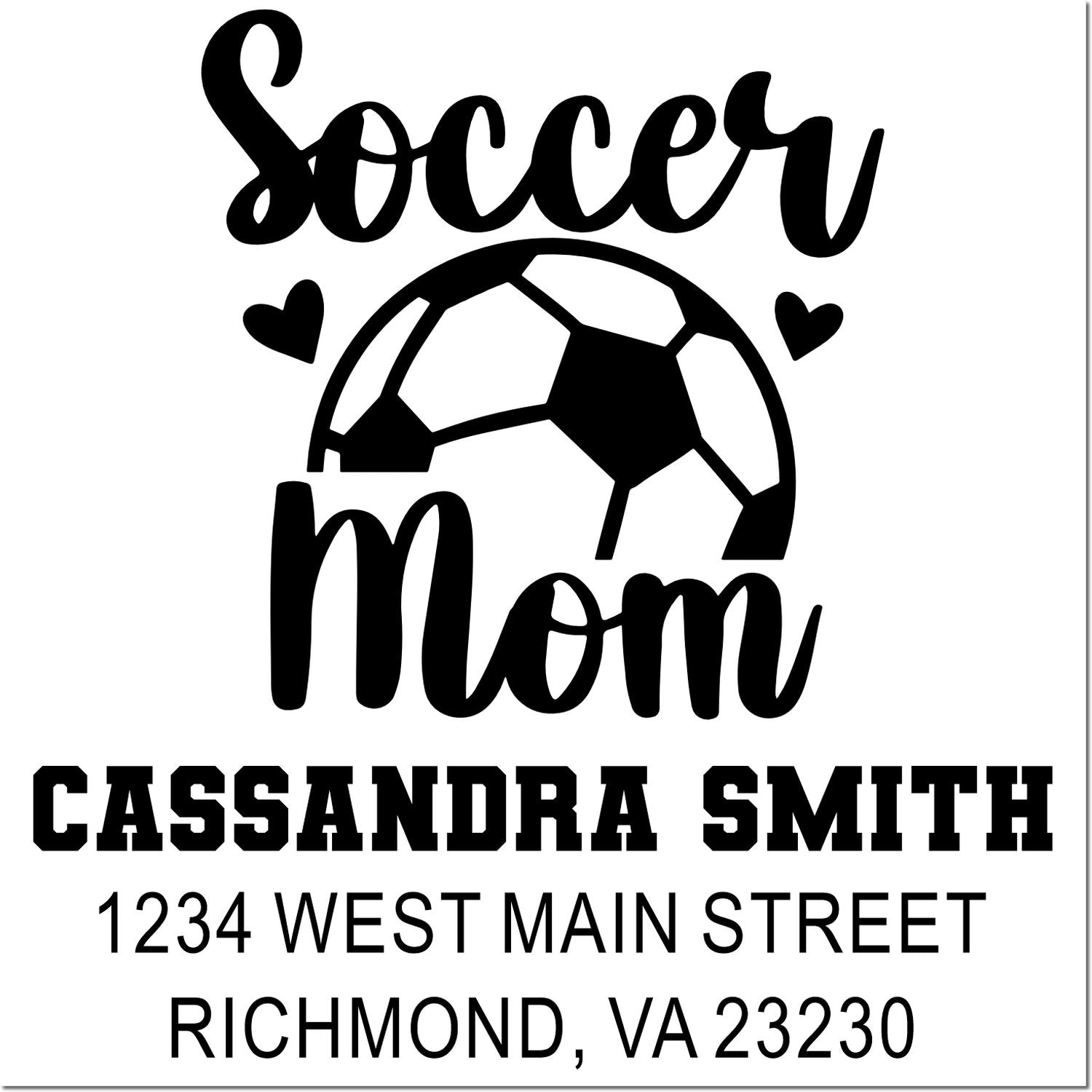 Custom soccer mom rubber stamp with name and return address, featuring a soccer ball for personalized mailing.