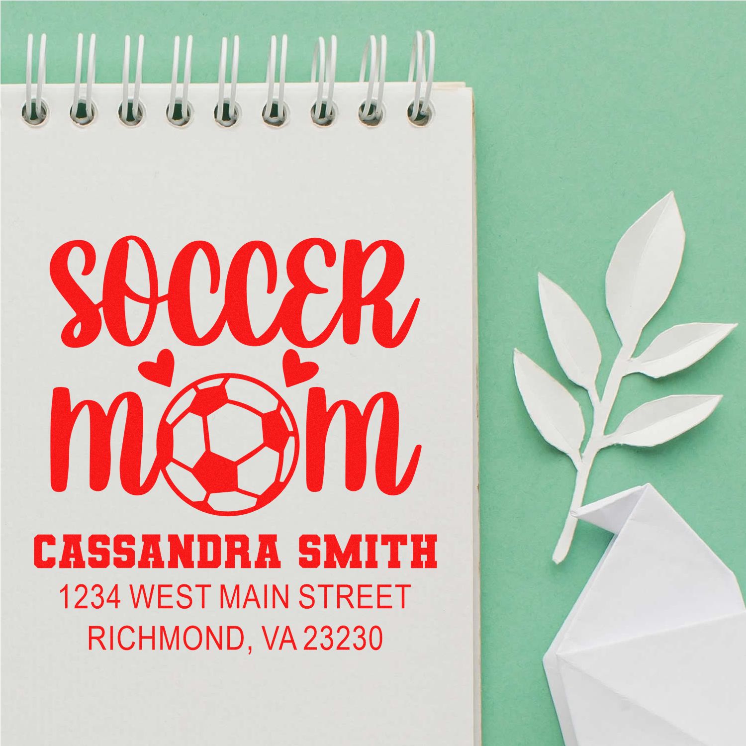 Personalized soccer mom rubber stamp design with name, address, and soccer ball for custom stationery and mailing labels