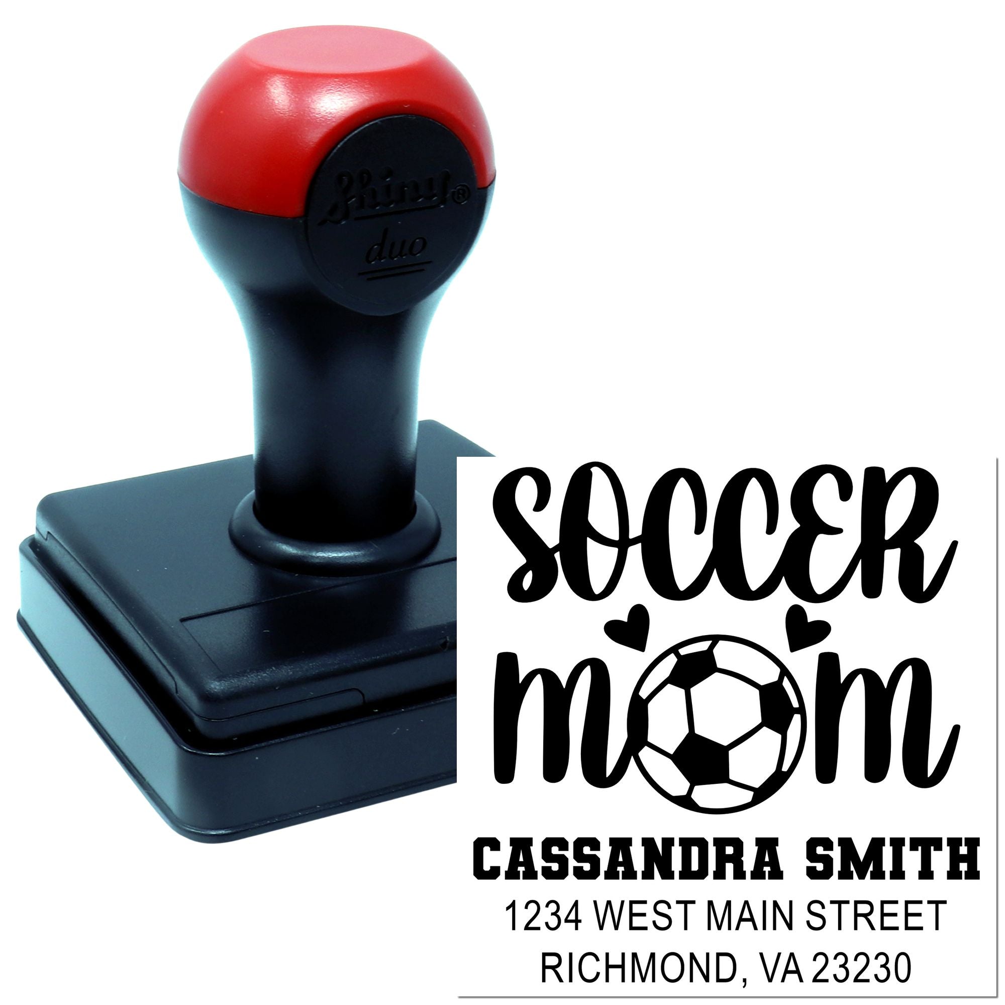 Custom self-inking rubber stamp for Soccer Mom with name and address imprint