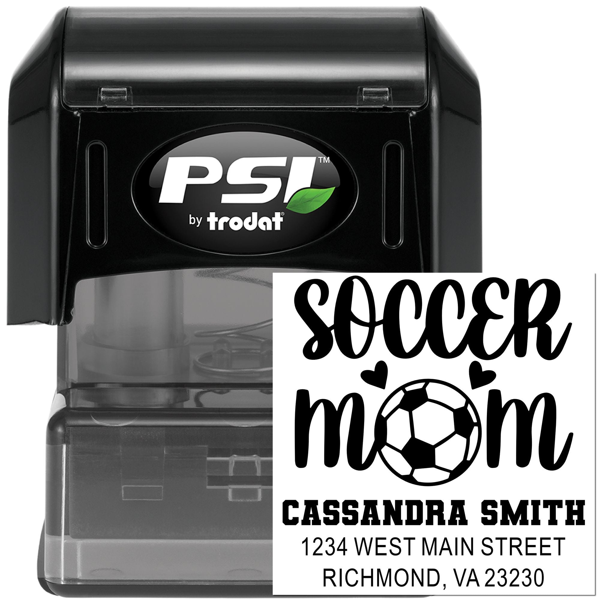 Custom self-inking rubber stamp by PSI Trodat with soccer mom design and personalized name and address imprint